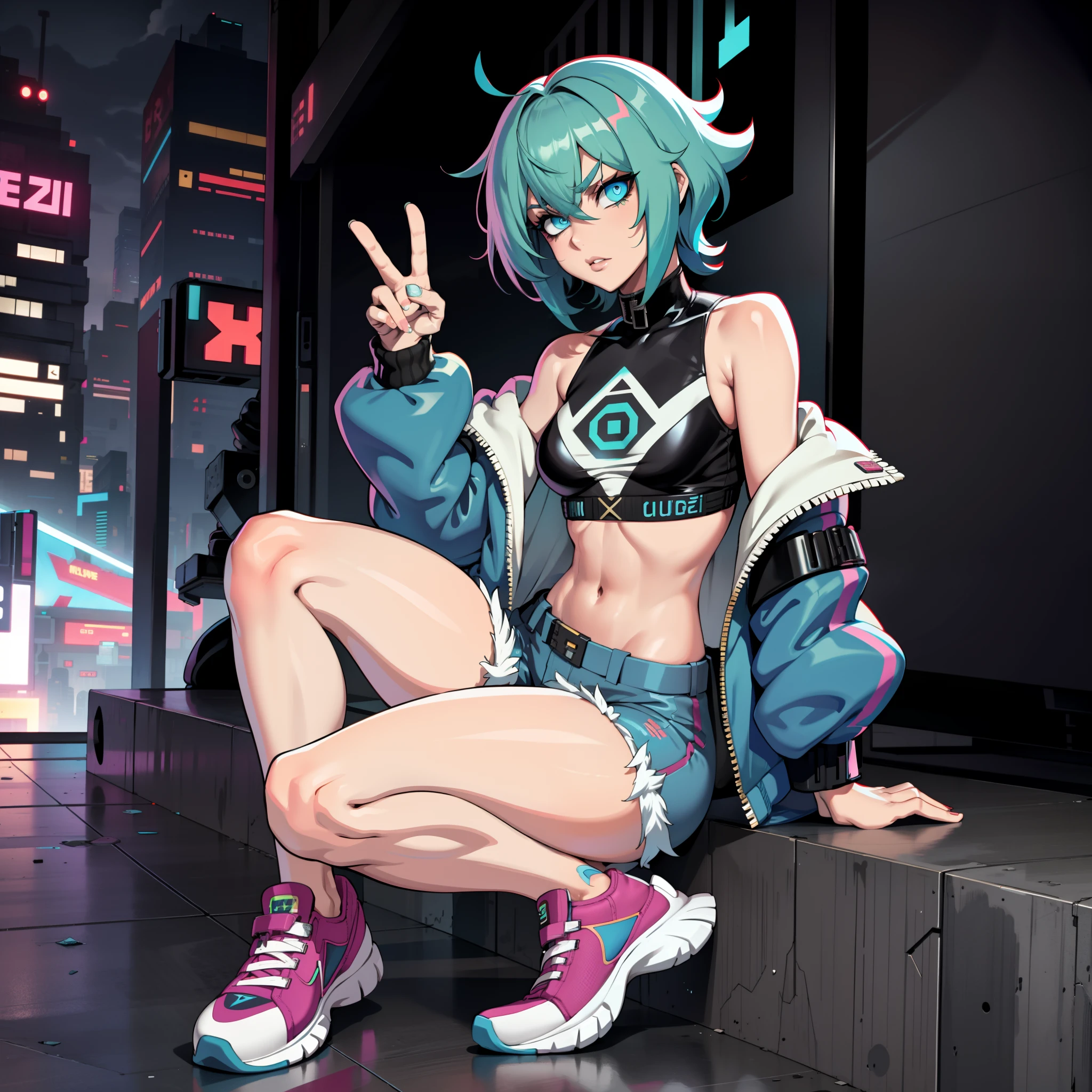 1boy,solo,colorful,yellow eyes,cyberpunk,city,peace sign,earrings,purple hair,eye patche,freckles,prothesis,mechanic,neon,beautiful lighting,purple reflection,cap,smoking,character focus,cg illustration,bust shot,yellow and black outfit,brown hair, tomboy, makeup , full body , long boots , heels, gatner belt, short top, sockings, model pose, open mouth , ahegao , tongue drop