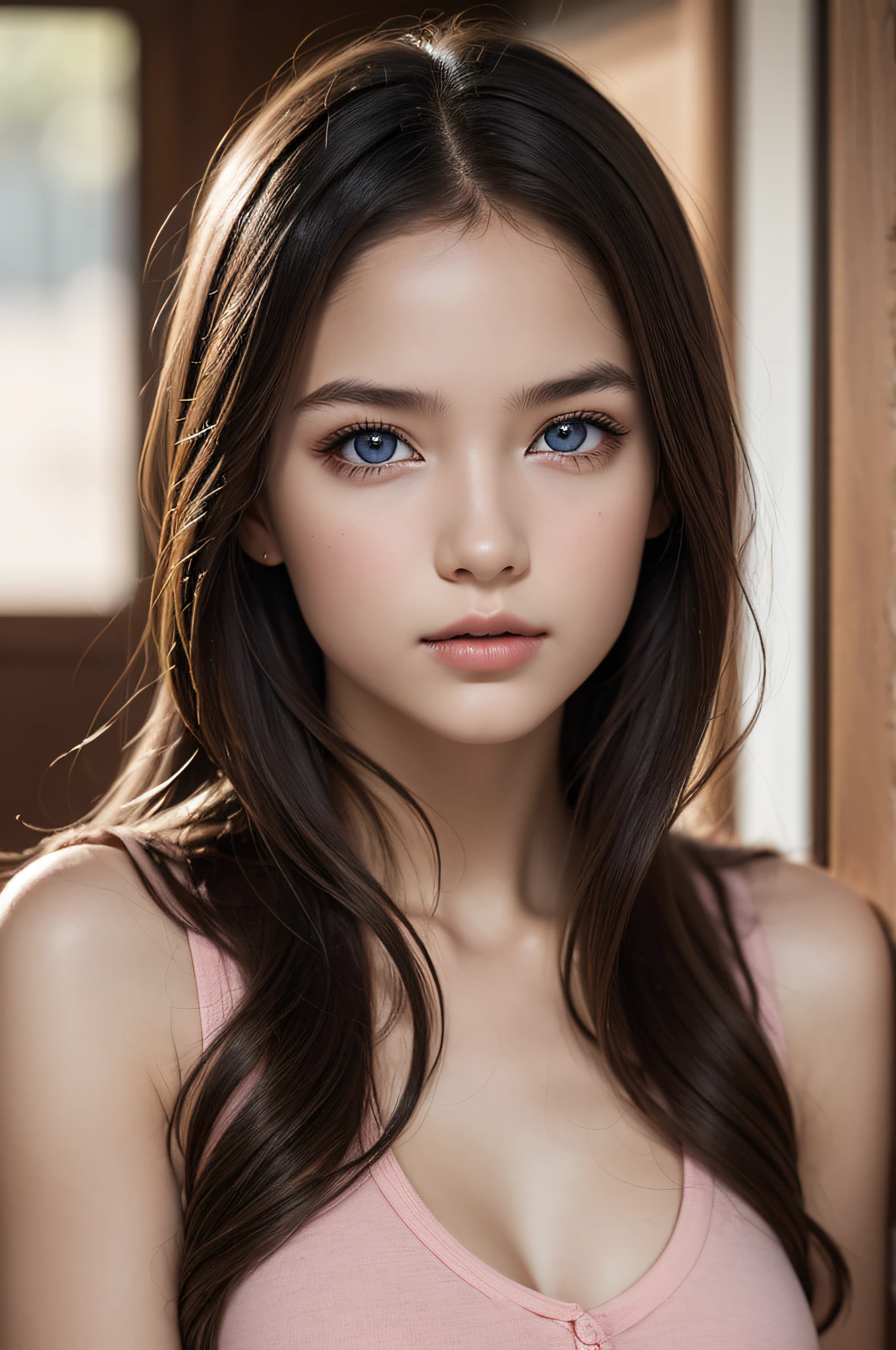 1 girl, (highest quality:1.4), (super detailed), (detailed light), (Highly detailed beautiful face), wonderful face and eyes, brown hair, brown eyes, Beautiful sheer lace details, beautiful breasts, nipple, Highly detailed CG integrated 8k wallpaper, High resolution raw color photos, professional photos, dynamic lighting, Depth of bounds written,