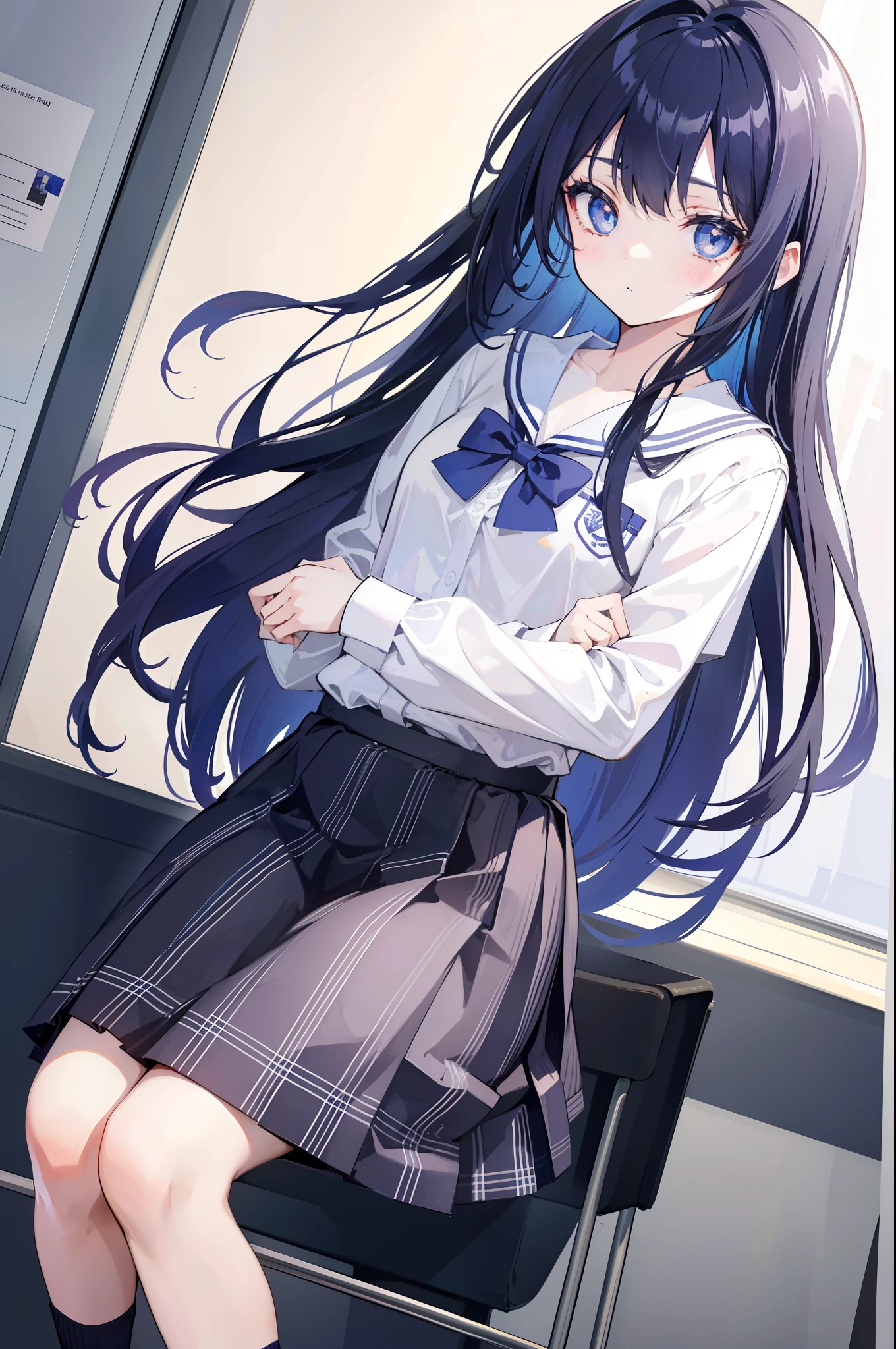 A high school girl is looking into the classroom. Hair falls loosely over the shoulders. Beautiful eyes and face. JK's attire. Top image quality