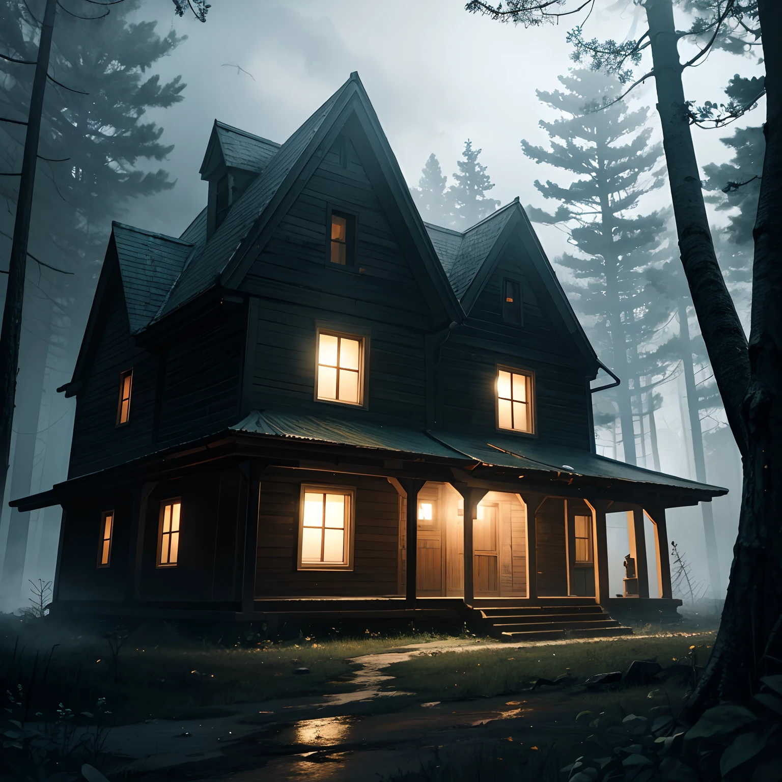 old abandoned big house in the forest, dark night, creepy, Demons and monsters are lurking around, fog,UHD, high details, best quality, highres, 8k,