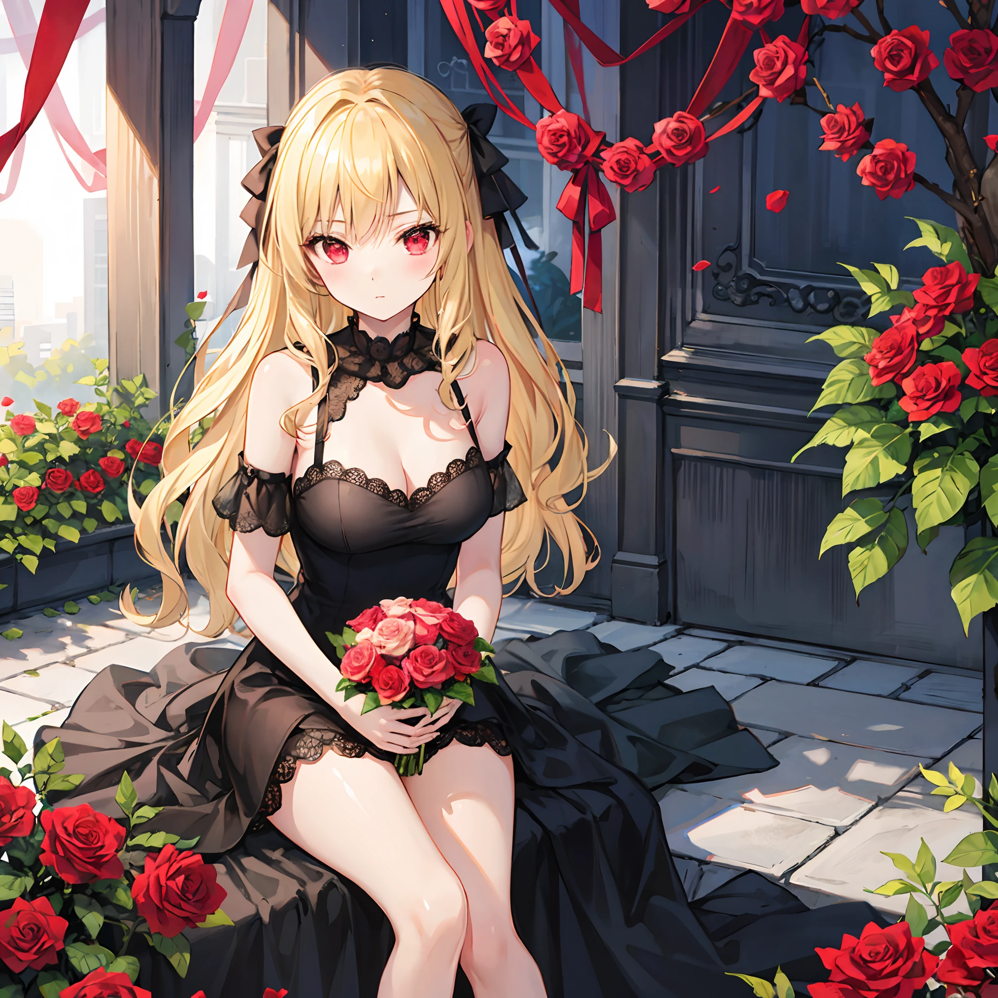 Wavy blonde、red eyes、Beautiful girl alone、Black Dress、gravure、sitting on、rose garden、Bouquet of roses、Gentle expression