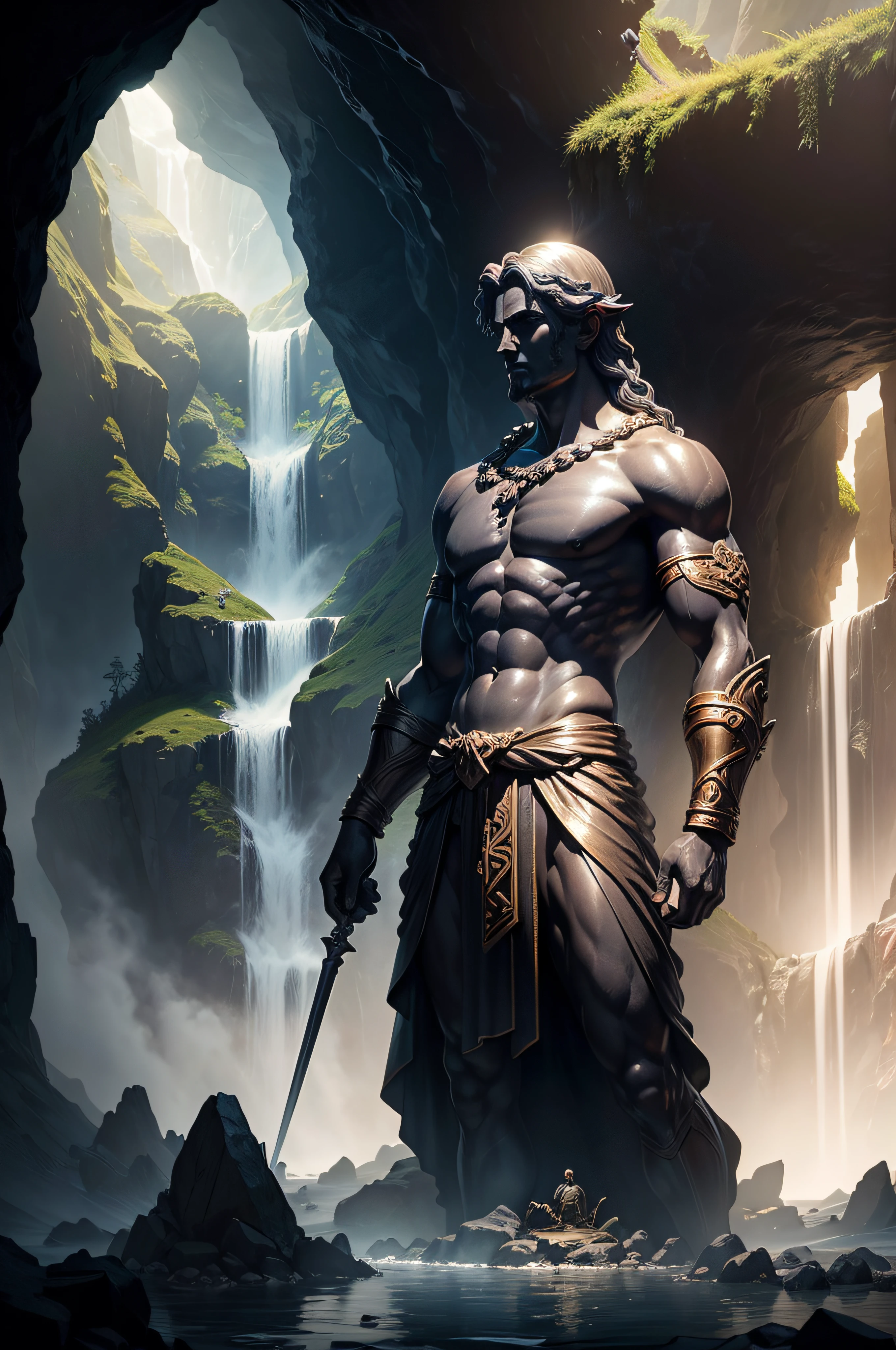 greek god statute bronze in dark colors with warrior attire inside a cave with a water fall and lots of treasure in the background sun light coming from a hole on top of the cave, shining on the statute giving it a beautiful glow, surreal concept art, surrealistic digital artwork