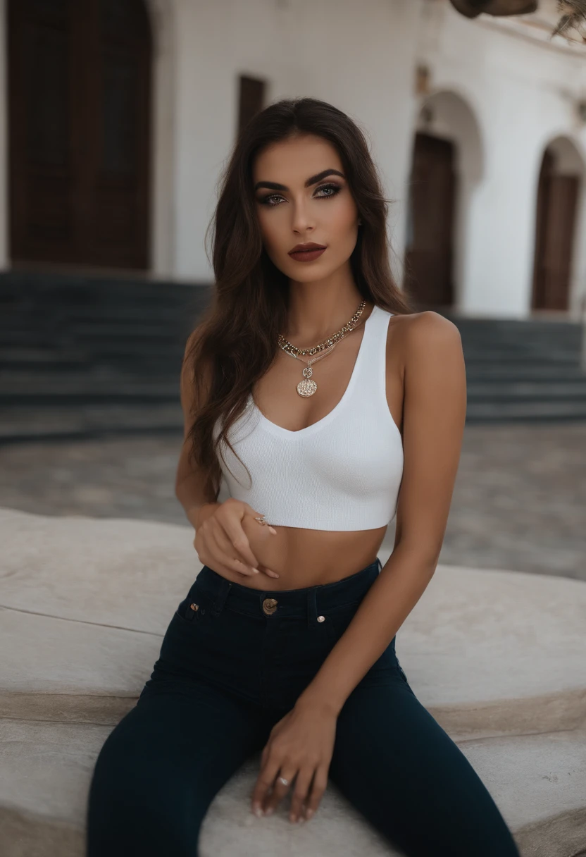 Femme Latina en T-shirt blanc et collier, Repas au restaurant, fille sexy aux yeux verts, Portrait Sophie Mudd, cheveux bruns et grands yeux, selfie of a young woman, Yeux de chambre, Violet Myers, pas de maquillage, maquillage naturel, looking straight at camera, Visage avec Artgram, maquillage fin, Superbe plan complet, piercing brown eyes, Bel angle, pose attrayante, douce fille, sexy pose, Image pleine longueur, complet - corps, Prise de vue du corps entier, brunette goddess, High detail, Posture satisfaite, dans une jupe grise et des bottes, jupe upskipe, bottes de genou