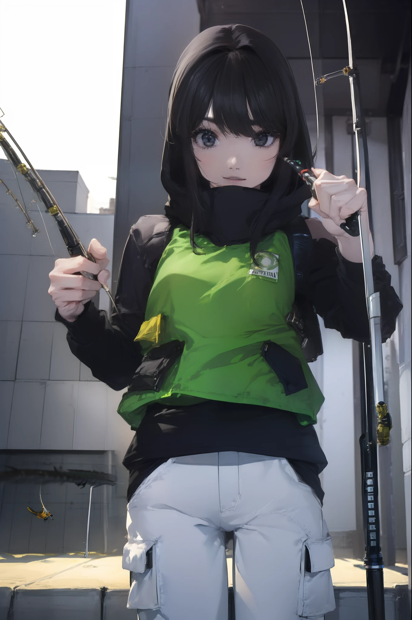 ((((Have a fishing rod with a reel:1.5)))),((Female 28 years old)),((Best Quality:1.5)),(((Fine fingers、Ratio 4 fingers and 1 thumb,detailed arms,detailed human hands))),(((Hands with the correct number and structure of fingers:1.4))),((Lakeside:1.37)),hight resolution,ultra-detailliert,masterpiece,best qualtiy,(Eight-headed body),(1 fishing rod,Holding a fishing rod in your hand,Fishing lure rod,Fishing Reel,with long sleeve hood,Outdoor Vest,parka,Long pants for fishing,Big backpack),thin and long legs,Beautiful hip line,Beautiful spine,constricted back,Toned waist,beutiful breast),,Gentle smile,shiny lip,(1 fishing rod,Straight stretch fishing rod,Long fishing rod,Woman fishing with fishing rod in hand),Black hair, long eyeslashes, Solid Circle Eyes, drop shadow, Atmospheric perspective,Super Detail, ccurate, small brest,top-quality, blurry backround, bokeh dof:1.2, (masterpiece:1.3), Atmospheric perspective,Super Detail,dynamic compositions, Ultra High Quality,