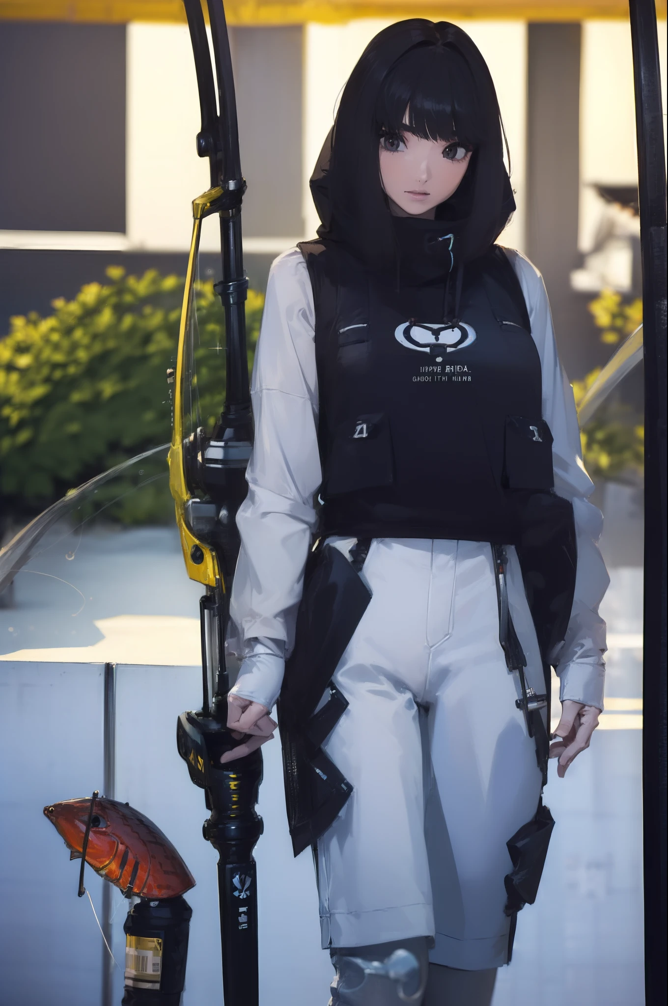 ((((Have a fishing rod with a reel:1.5)))),((Female 28 years old)),((Best Quality:1.5)),(((Fine fingers、Ratio 4 fingers and 1 thumb,detailed arms,detailed human hands))),(((Hands with the correct number and structure of fingers:1.4))),((Lakeside:1.37)),hight resolution,ultra-detailliert,masterpiece,best qualtiy,(Eight-headed body),(1 fishing rod,Holding a fishing rod in your hand,Fishing lure rod,Fishing Reel,with long sleeve hood,Outdoor Vest,parka,Long pants for fishing,Big backpack),thin and long legs,Beautiful hip line,Beautiful spine,constricted back,Toned waist,beutiful breast),,Gentle smile,shiny lip,(1 fishing rod,Straight stretch fishing rod,Long fishing rod,Woman fishing with fishing rod in hand),Black hair, long eyeslashes, Solid Circle Eyes, drop shadow, Atmospheric perspective,Super Detail, ccurate, small brest,top-quality, blurry backround, bokeh dof:1.2, (masterpiece:1.3), Atmospheric perspective,Super Detail,dynamic compositions, Ultra High Quality,