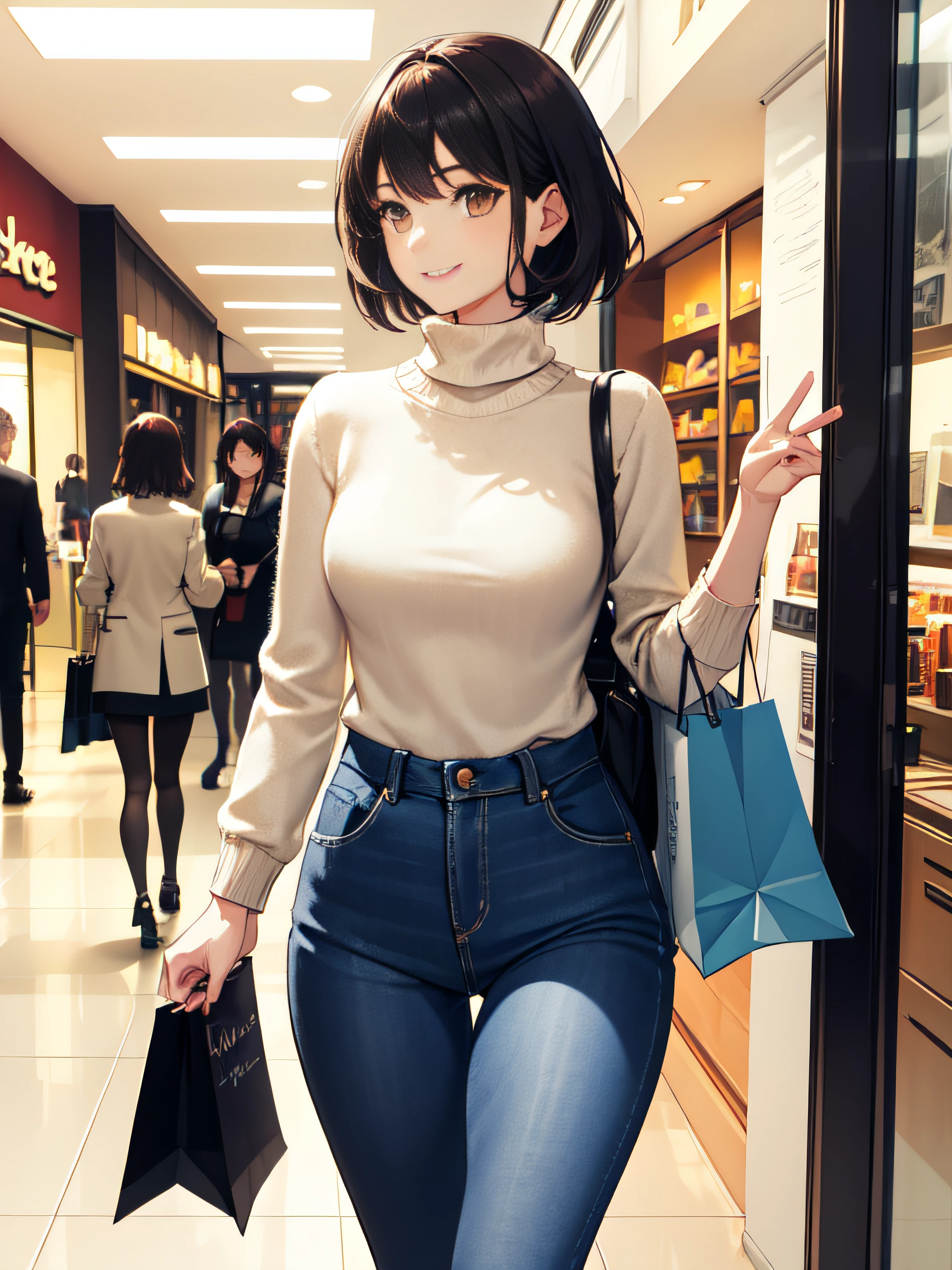 1girll,23years old,Pure,gently smiling,Apricot eyes,brunette color hair,Dark eyes,Short hair, Short hair,The feeling of a good wife and a good mother,Small nose bridge,Long beige coat,White turtleneck knit sweater,skintight jeans,plumw,Cosmopolitan beauty,slightly rounded face,Fashionab,Modern attire,inside in room,inside in room,Mall,The scene is bright,Shopping,Side Body,taking a walk,the night,to talk,the sideview,looking to the camera