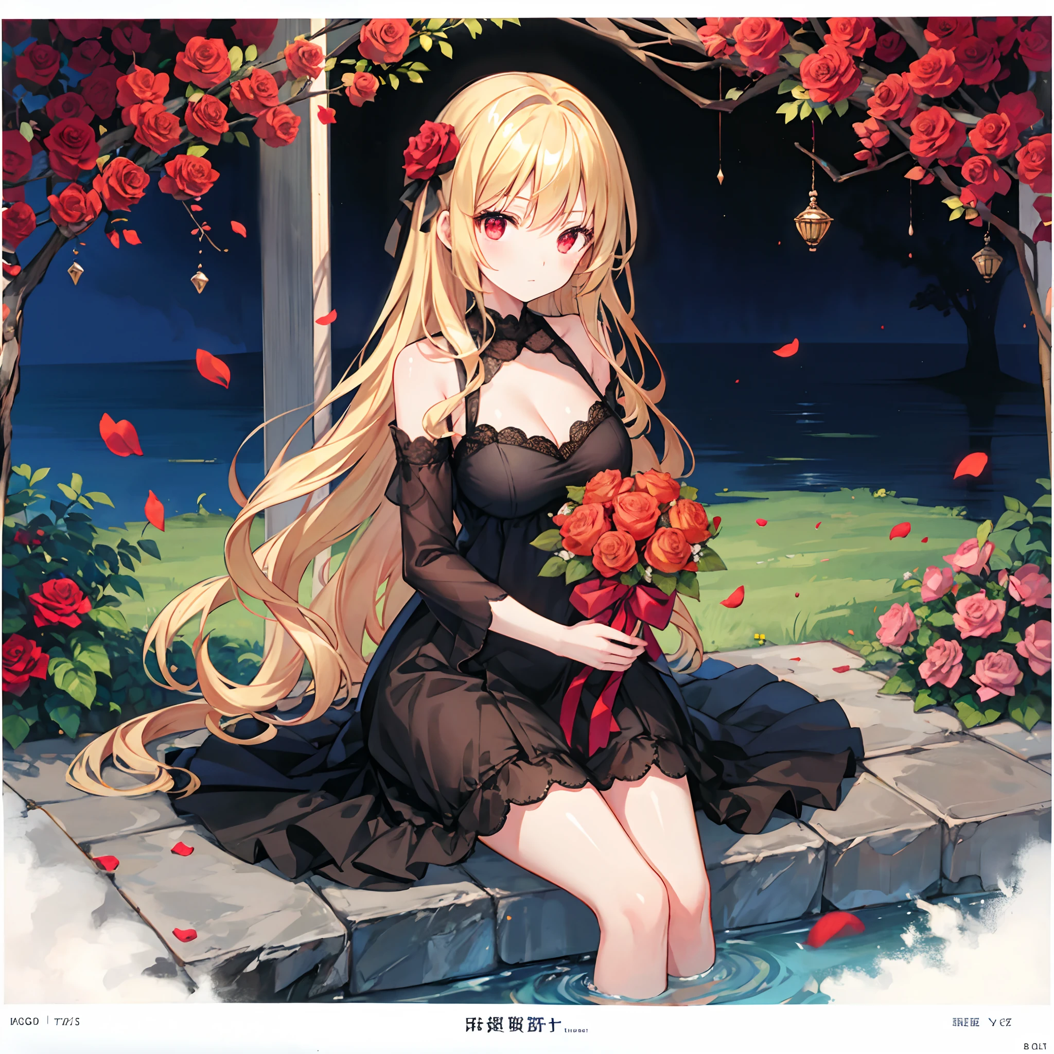 Wavy blonde、red eyes、Beautiful girl alone、Black Dress、gravure、sitting on、rose garden、Bouquet of roses、Gentle expression