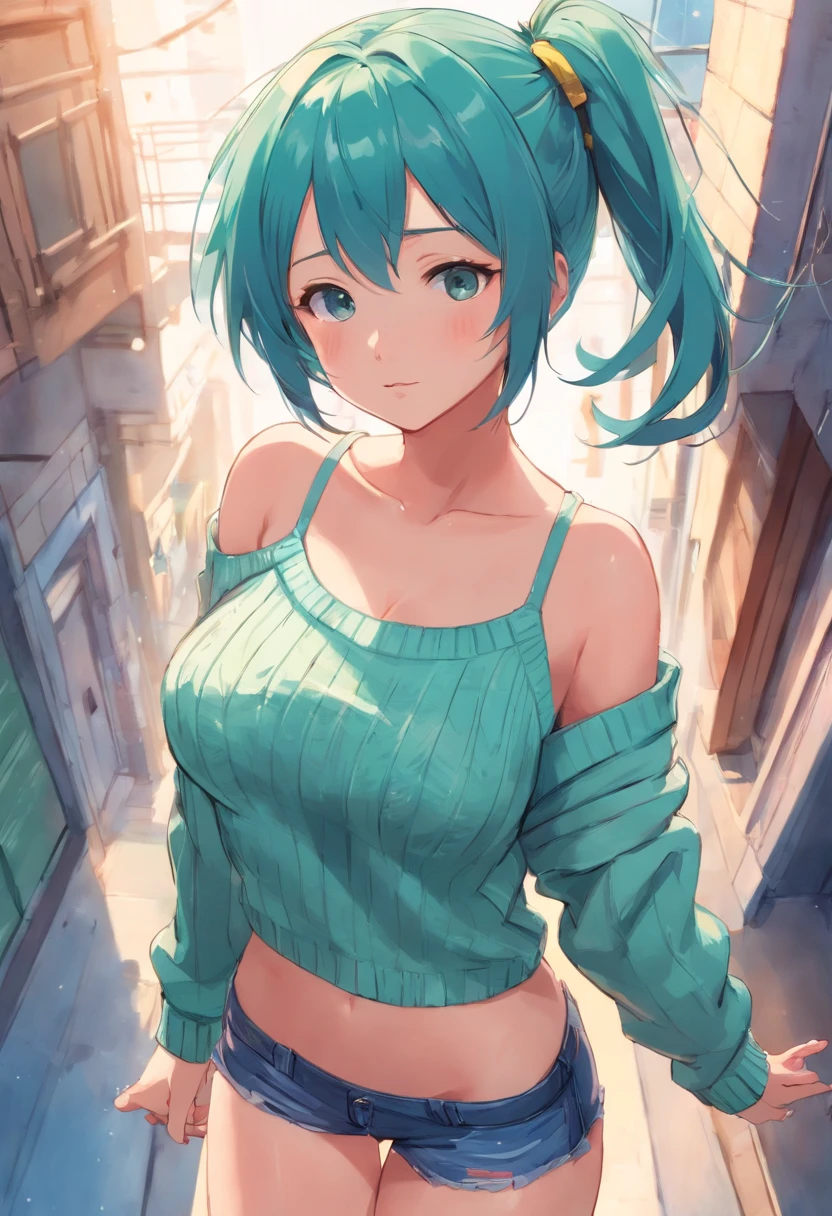 (masterpiece, highres, high resolution:1.2), anime 20 yo girl, portrait, shoulders up, illustration. drawn, blue hair woman, green eyes, blushing, solo, sad, sad face, freckles, big lips, huge breasts, perfect body, wearing a turtleneck sweater, anime girl, visible , visible nipples, shirt lift 
