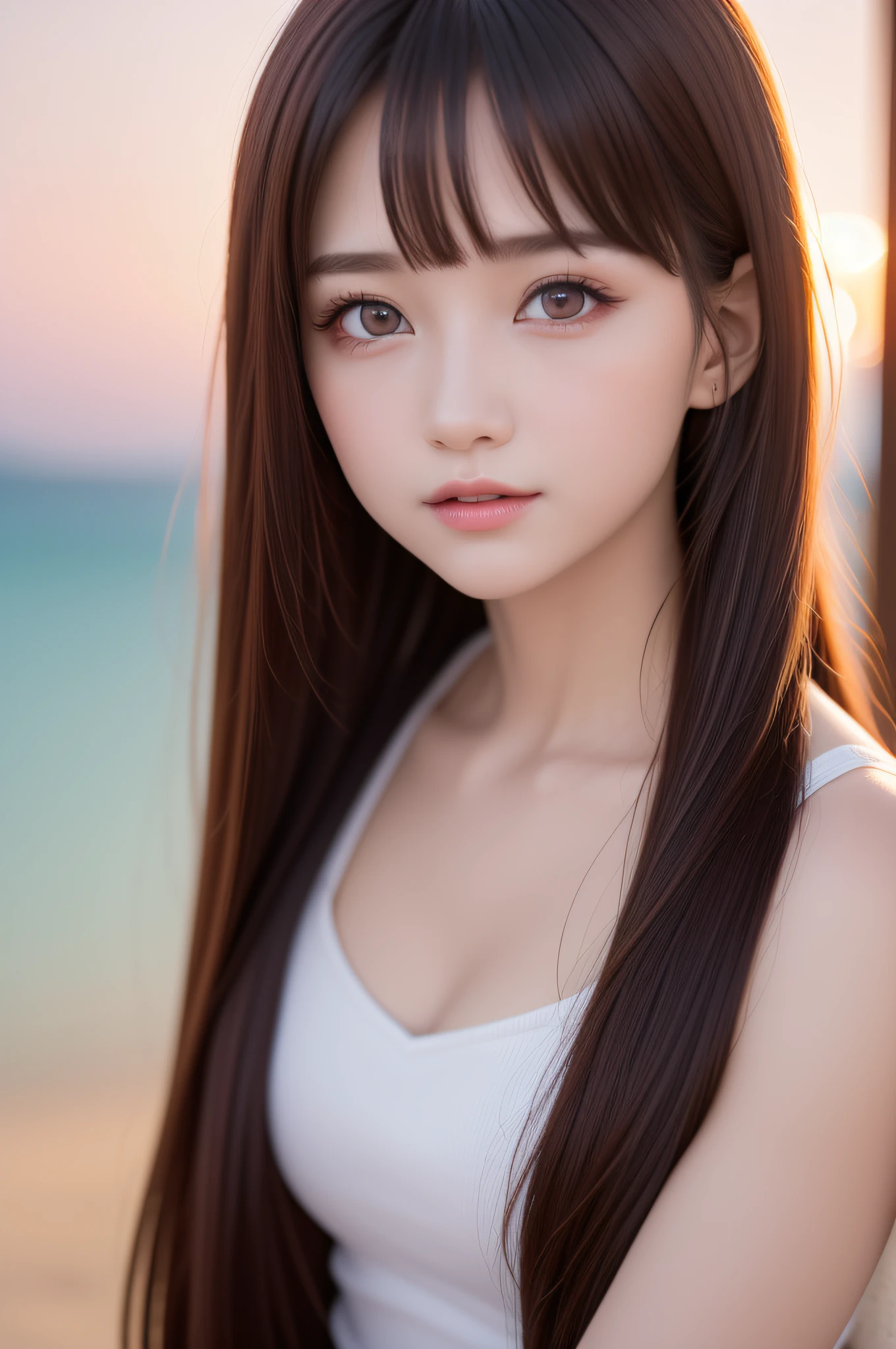 ((1ung girls)), (extremely detailed beautiful face), Amazing face and eyes, (Best Quality:1.4), (Ultra-detailed), (extremely detailed CG unified 8k wallpaper), Highly detailed, High-definition raw color photos, Professional Photography, Amazing face and eyes, Pink eyes, Twin-tailed, Brown hair, Model, (((Bokeh))), depth of fields, Beach, Twilight, Sunset
