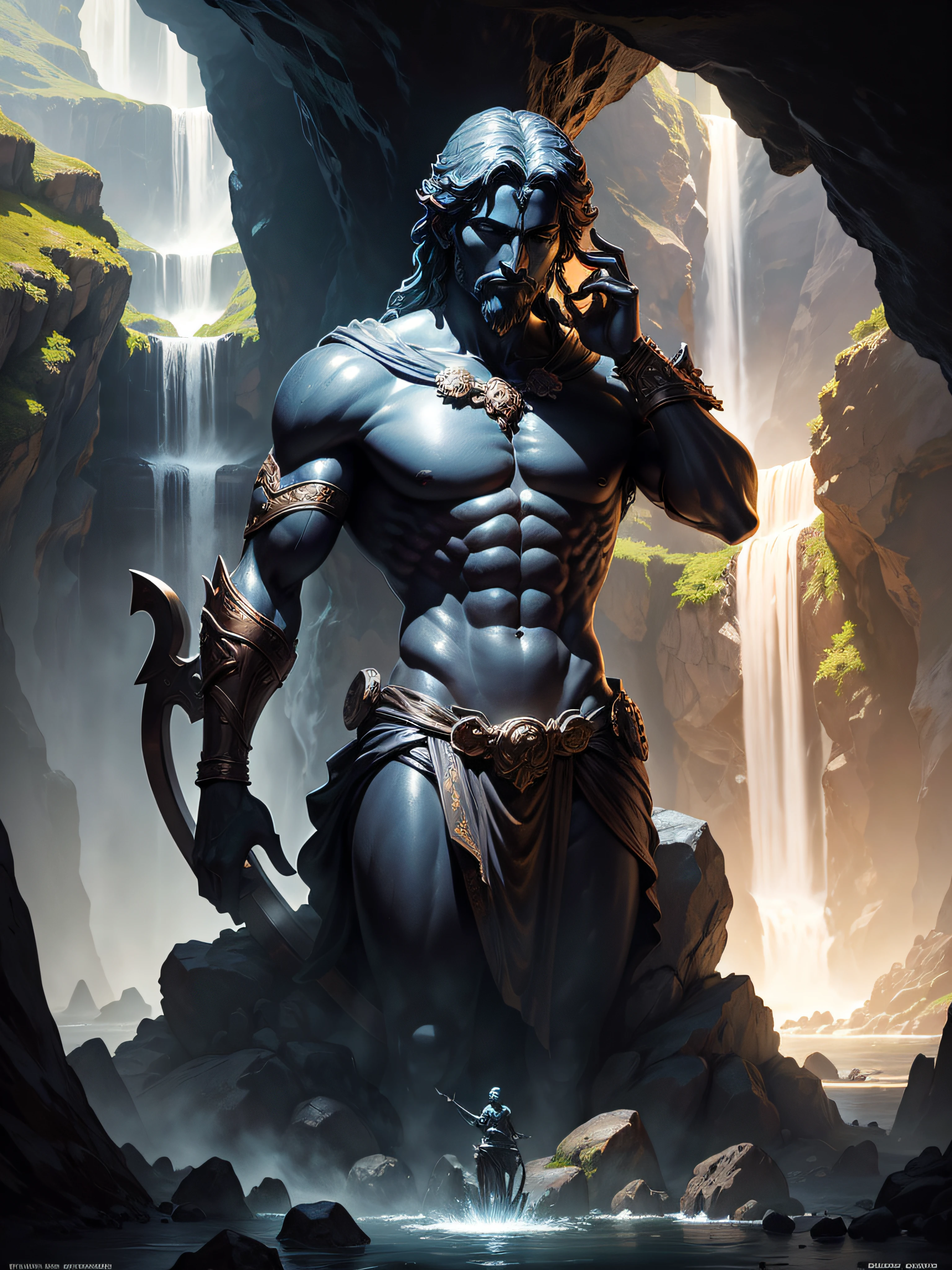 greek god statute bronze in dark colors with warrior attire inside a cave with a water fall and lots of treasure in the background sun light coming from a hole on top of the cave, shining on the statute giving it a beautiful glow, surreal concept art, surrealistic digital artwork