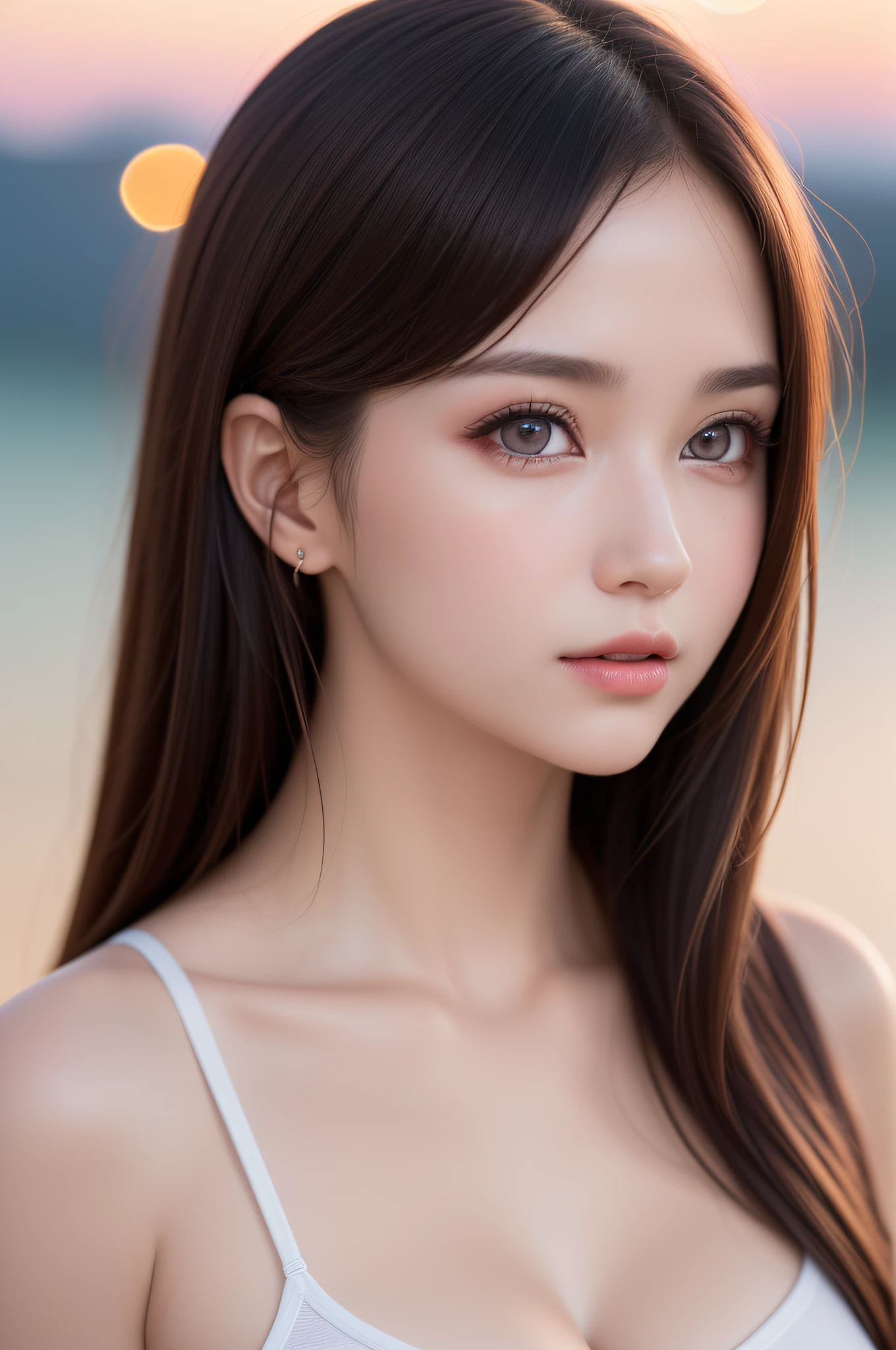 ((ung girls)), (extremely detailed beautiful face), Amazing face and eyes, (Best Quality:1.4), (Ultra-detailed), (extremely detailed CG unified 8k wallpaper), Highly detailed, High-definition raw color photos, Professional Photography, Amazing face and eyes, Pink eyes, Twin-tailed, Brown hair, Model, (((Bokeh))), depth of fields, Beach, Twilight, Sunset