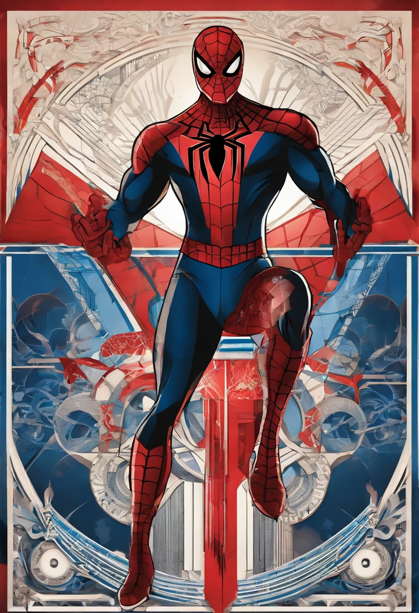 1spiderman, Full body standing painting, (((独奏))), Clear facial features, Simple line design, ((tarot card background, symmetric beauty)), perfectly symmetrical, The art of symmetry, Standing drawings of characters, ((flatcolors)), tmasterpiece,top Quority,best qualtiy,超高分辨率, ((Clear facial features,beautidful eyes,beauitful face, Exquisite facial features))