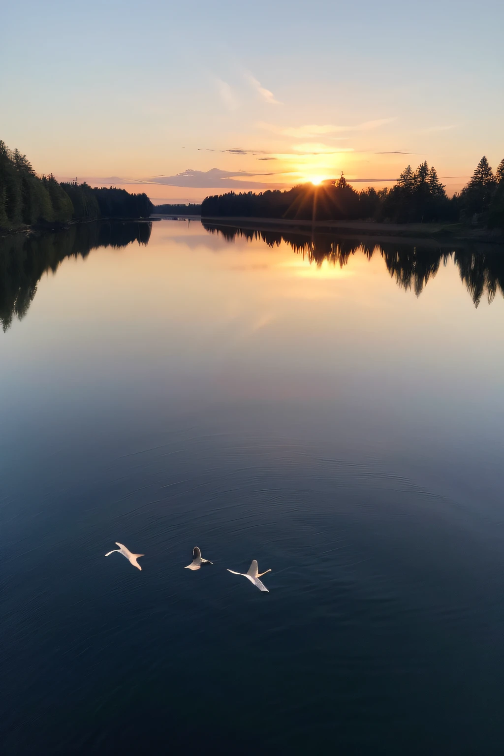 (masterpiece、high-level image quality、hightquality)、Magnificent sunset in the great outdoors、Swans fly gracefully in rows、Black Shadow、Finlandia、