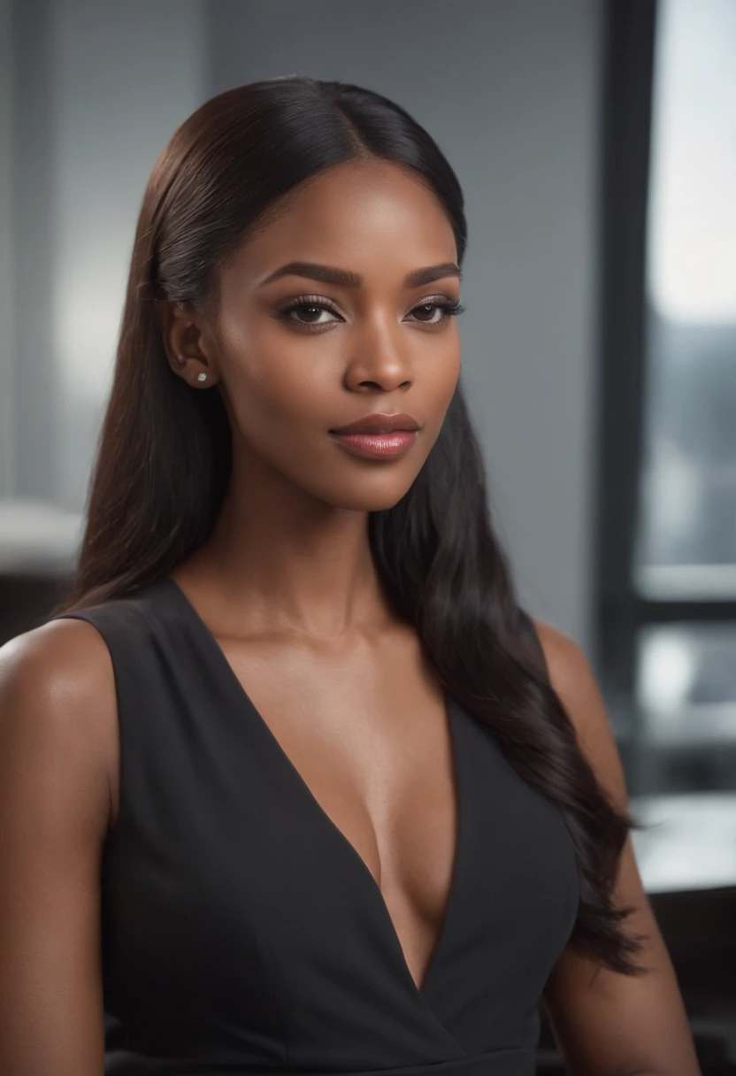 ((Best quality)), ((Hyper-Resolution)), ((Photorealistic:1.1)), (Complex details), African American woman, A half body, Very beautiful and elegant African American woman, 30 yo,55 kg, Sexy, Jet black hair, Black hair color, Perfect hair, Fine strands of hair, detail in face, in an office
