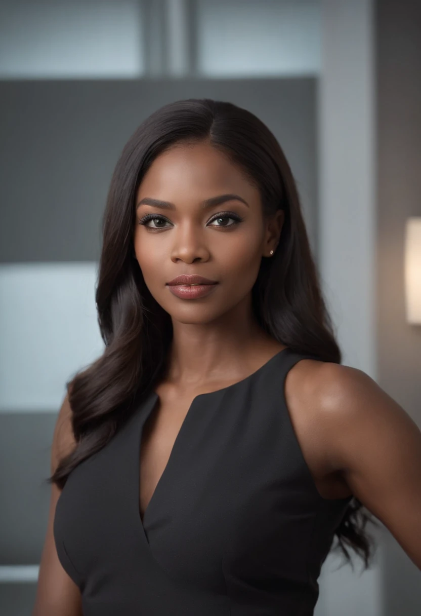 ((Best quality)), ((Hyper-Resolution)), ((Photorealistic:1.1)), (Complex details), African American woman, A half body, Very beautiful and elegant African American woman, 30 yo,55 kg, Sexy, Jet black hair, Black hair color, Perfect hair, Fine strands of hair, detail in face, in an office