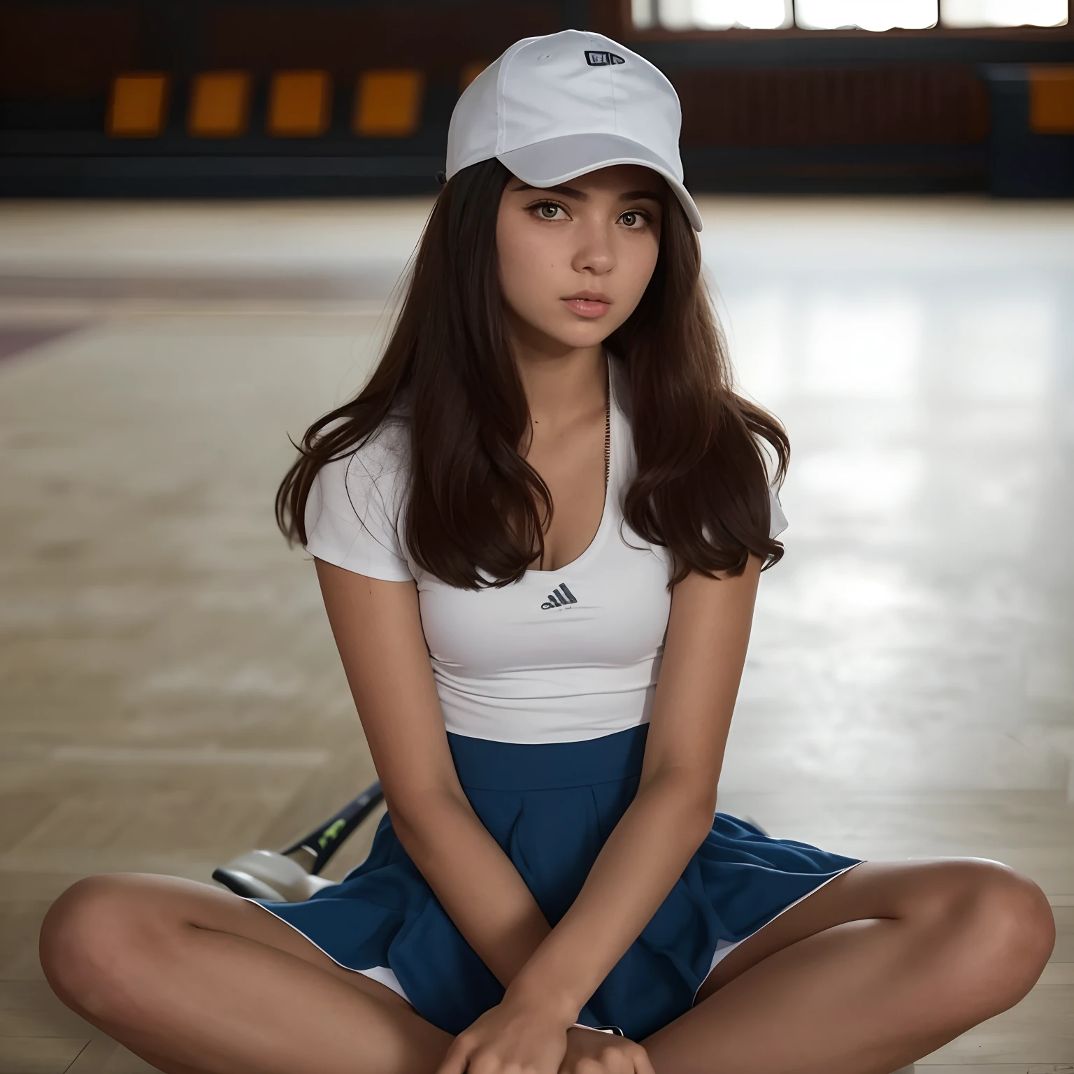 1girl, solo, white polo shirt, white sneakers, tennis wear, white mini panties, masterpiece, best quality, realistic, ultra-detailed, (shiny skin, sweating: 1.4), ridiculous, looking at the audience, short black hair, brown eyes, slender, dynamic light and shadow, high resolution, sharp focus, depth of field, fine eyes, sharp pupils, realistic pupils, (small chest: 1.6), (thigh thickness: 1.0), outdoor, sky