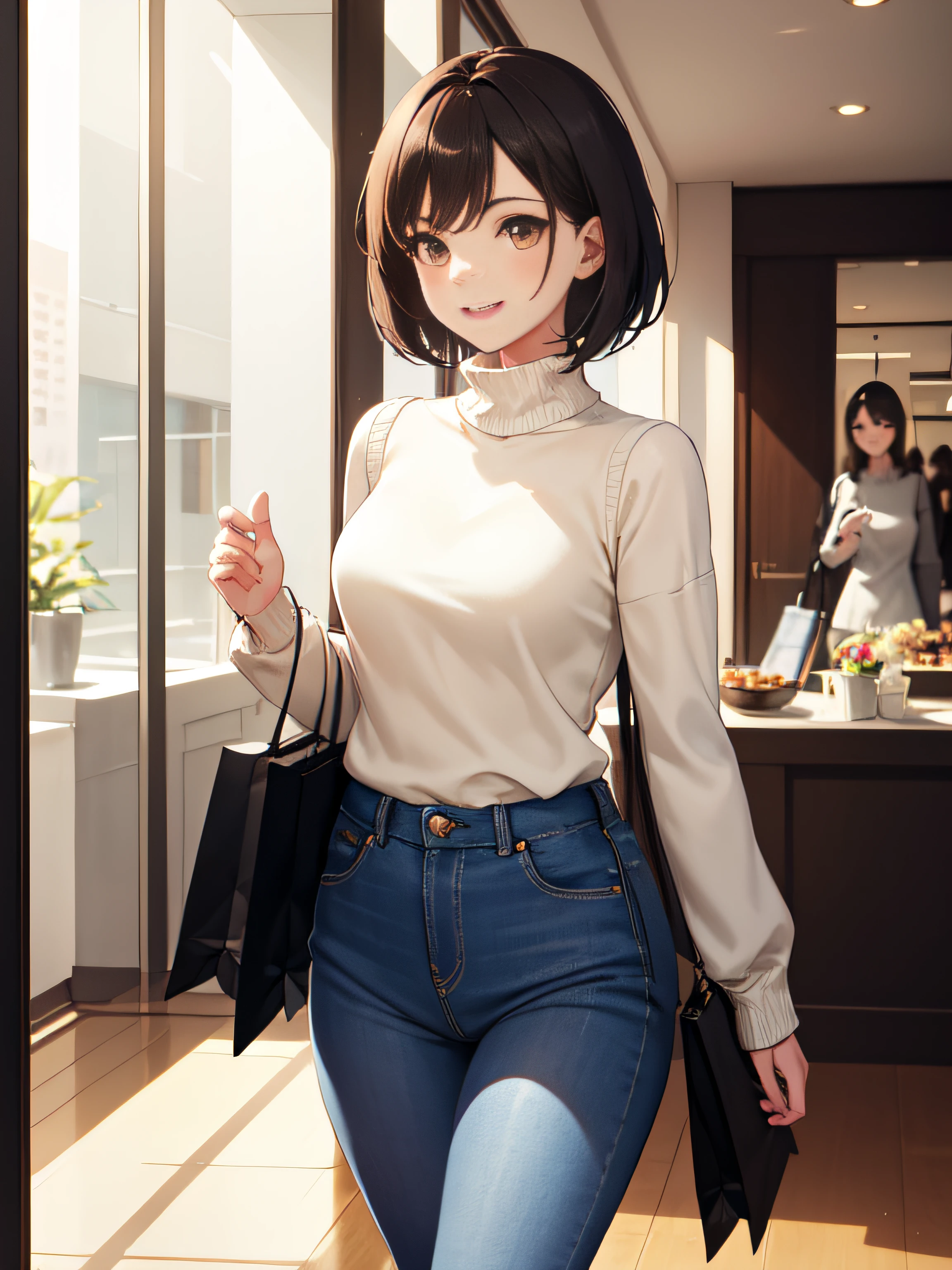 1girll,23years old,Pure,gently smiling,Apricot eyes,brunette color hair,Dark eyes,Short hair, Short hair,The feeling of a good wife and a good mother,Small nose bridge,Long beige coat,White turtleneck knit sweater,skintight jeans,plumw,Cosmopolitan beauty,slightly rounded face,Fashionab,Modern attire,inside in room,inside in room,Mall,The scene is bright,Shopping,Side Body,taking a walk,the night,to talk,the sideview,looking to the camera,closeup cleavage
