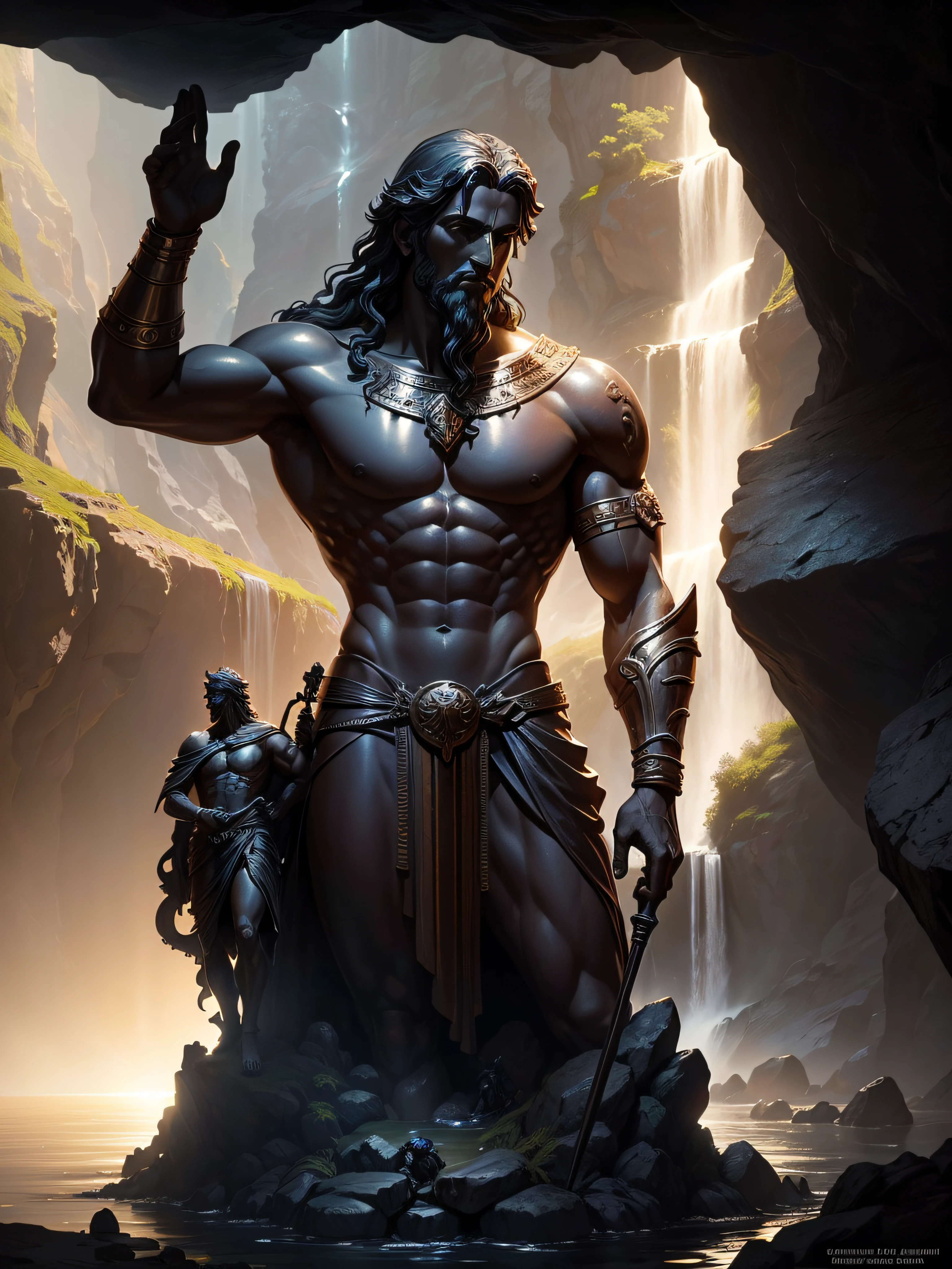 greek god statute bronze in dark colors with warrior attire inside a cave with a water fall and lots of treasure in the background sun light coming from a hole on top of the cave, shining on the statute giving it a beautiful glow, surreal concept art, surrealistic digital artwork