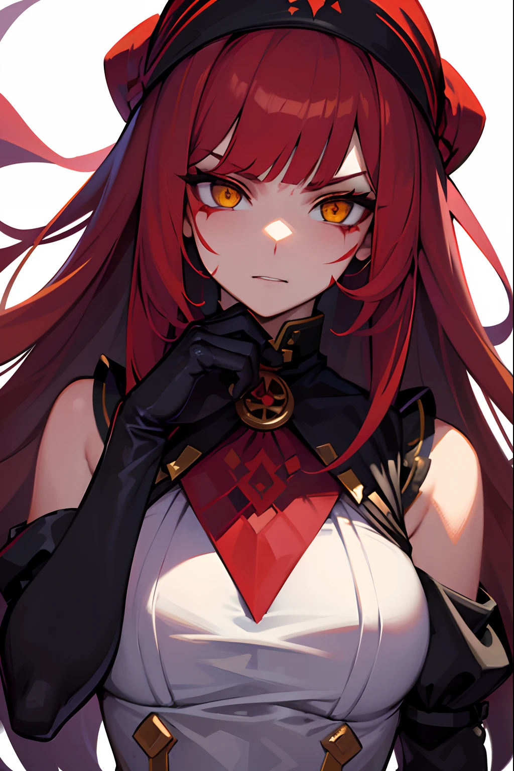 1girl,red straight curtain hair revealing forehead,long face,small red eyes, wearing  ,red blazer with logo,high waisted red skirt,standing, serious,red glowing eldritch magic circle, perfect body,closer,carrying two blades on her back,big demon horns, ninja,closeup