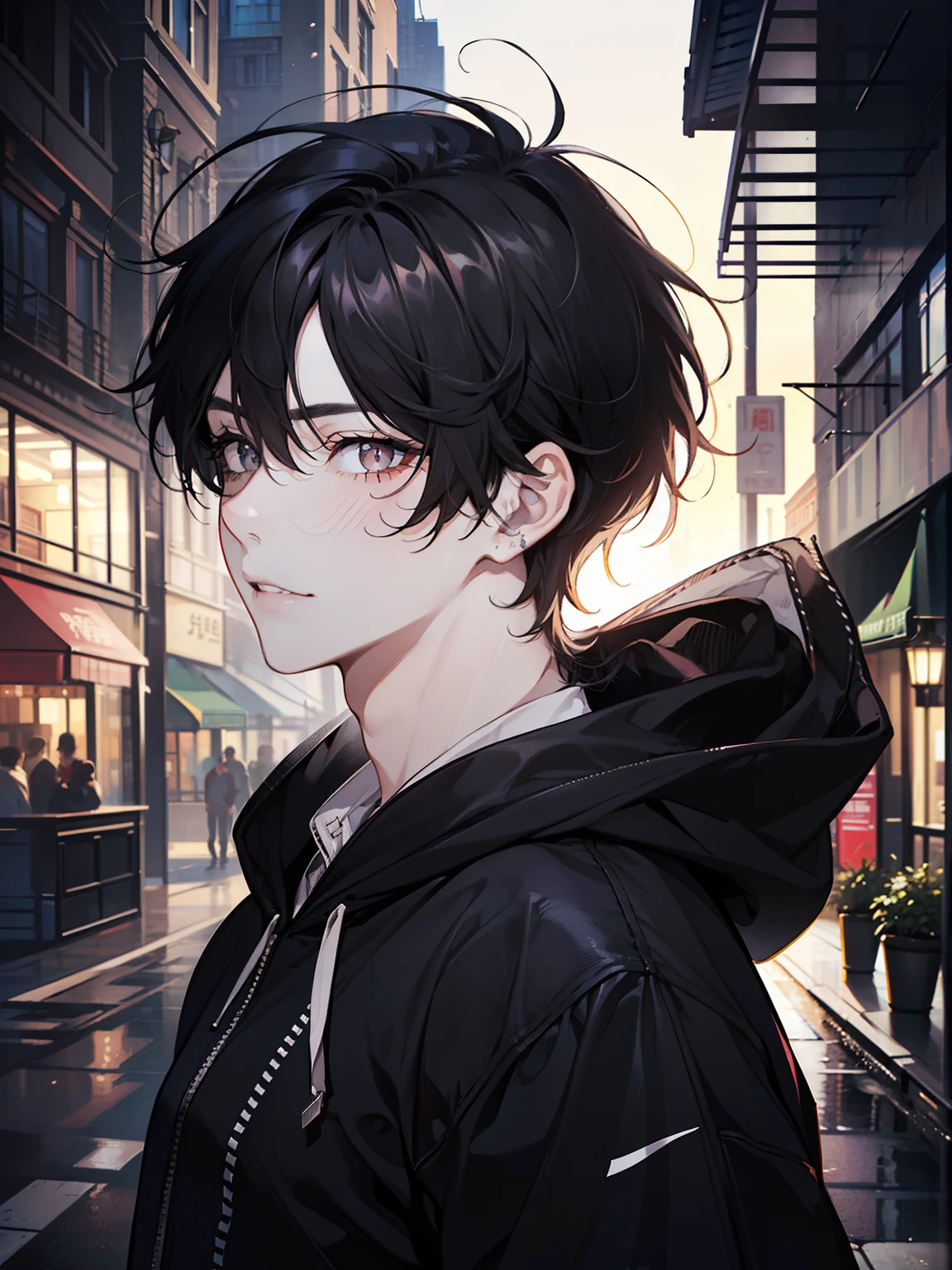 ((highest quality, masterpiece, 4k, finely detailed, detailed eyes, detailed face, gelbooru, pixiv)), warm lighting, ((solo, 1 male, handsome, masculine, adult male, broad shoulders, closeup of face)), ((black chin hair)), portrait, slight blush on cheeks, smiling, looking at viewer, ((lazy eyes, half-lidded, eyebags under eyes, black eyes with white pupils)), (wearing modern clothing, black hoodie, sweatpants), standing, ((black hair, medium long hair, shaggy hairstyle, messy hair)), city background