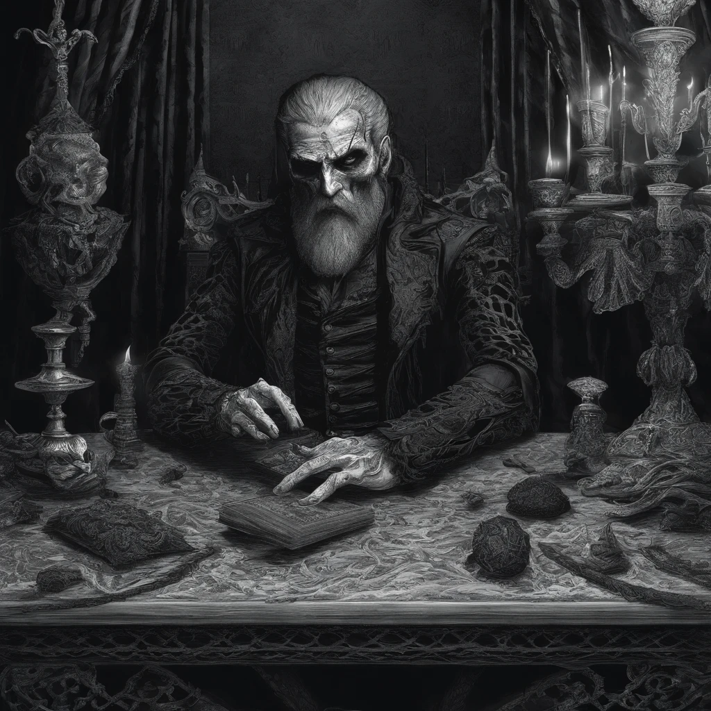 homem golpeando uma mesa, cabelos brancos, barba branca, olhos vermelhos, expression screaming furiously, roupa de couto, gotic, gothic style, detalhado