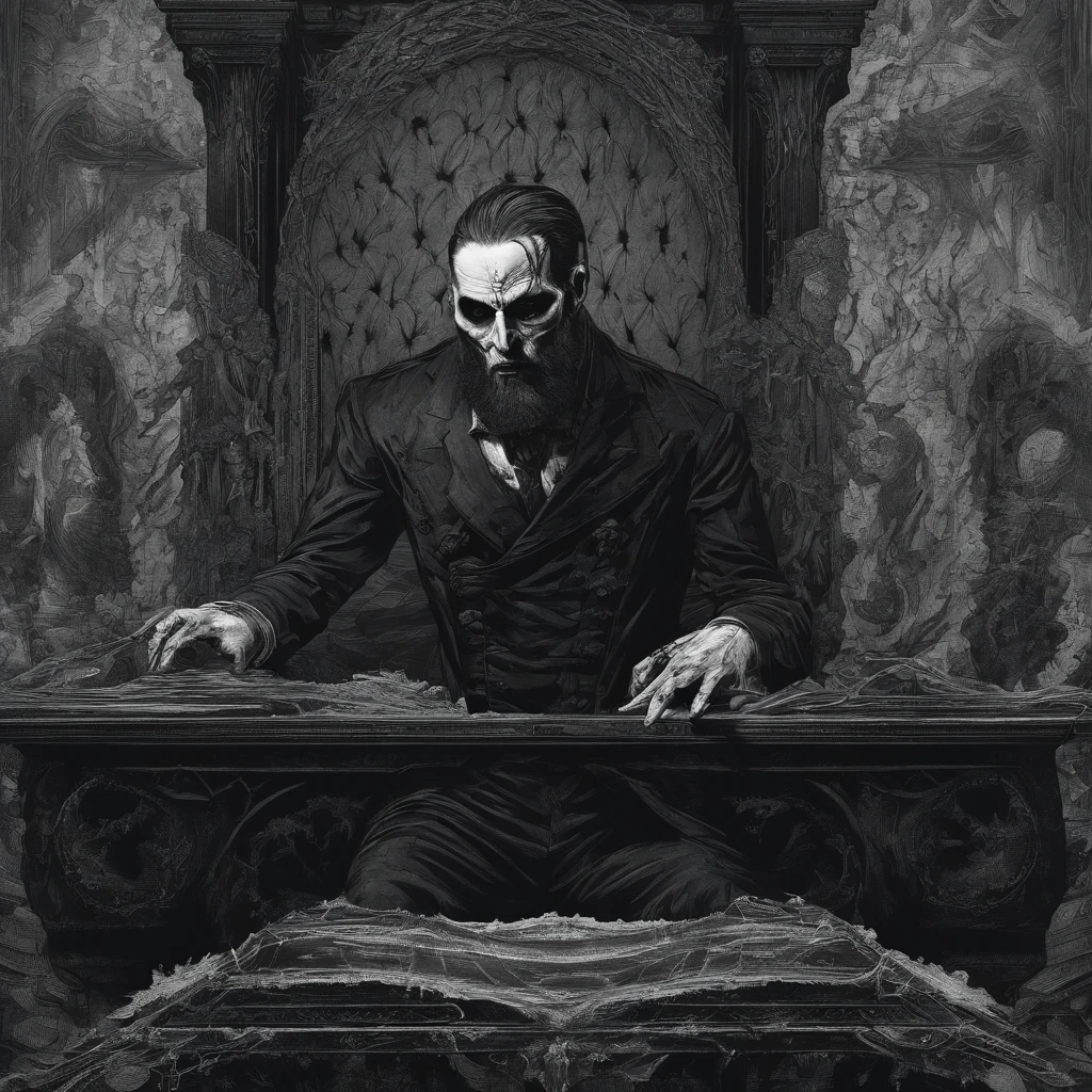 homem golpeando uma mesa, cabelos brancos, barba branca, olhos vermelhos, expression screaming furiously, roupa de couto, gotic, gothic style, detalhado