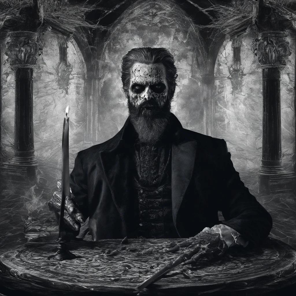 homem golpeando uma mesa, cabelos brancos, barba branca, olhos vermelhos, expression screaming furiously, roupa de couto, gotic, gothic style, detalhado