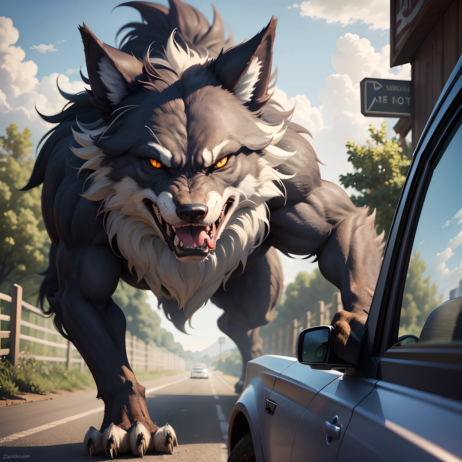 a werewolf roaring in front of a car parked near a farm gate --auto --s2