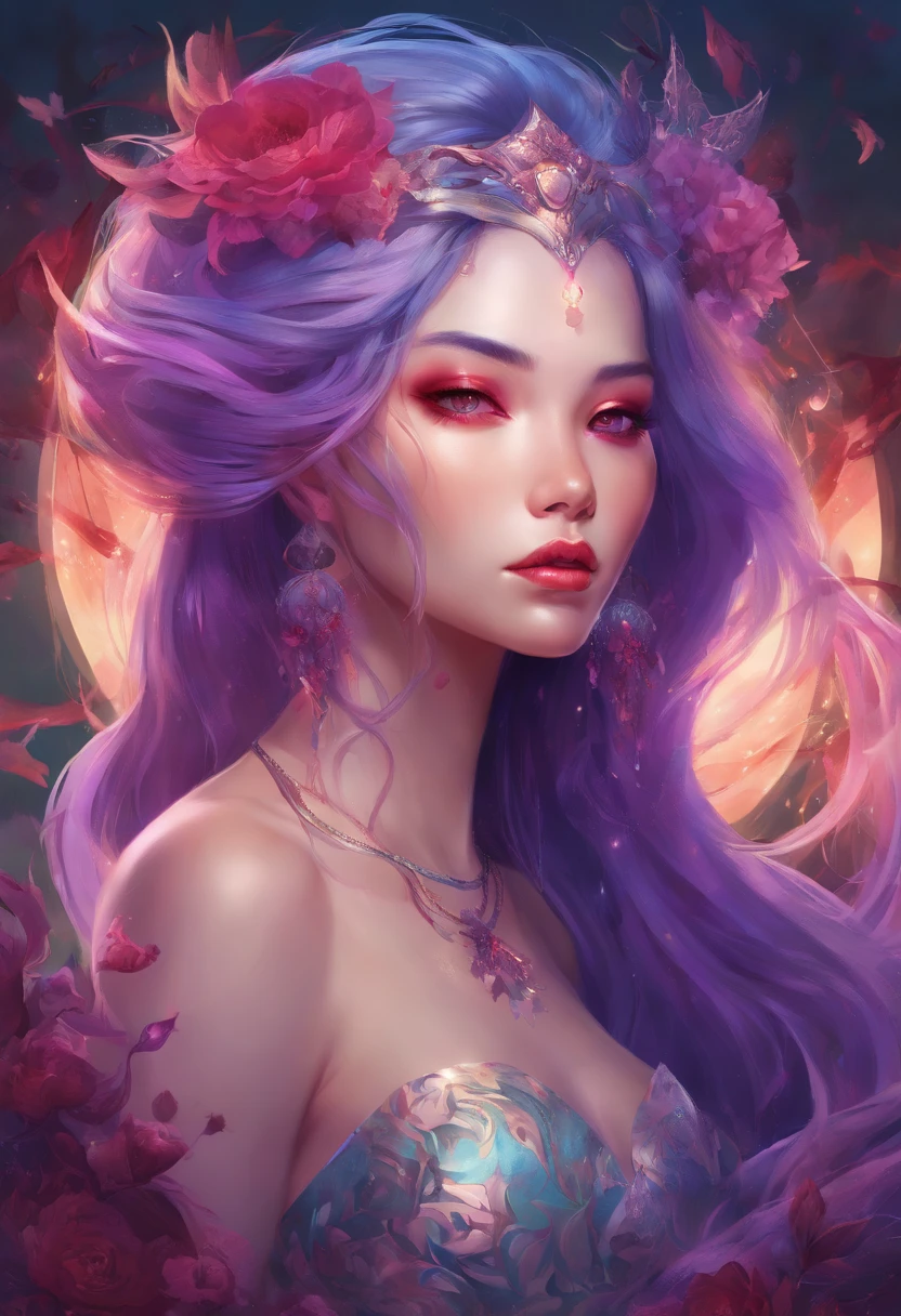 Full-length mermaid with transparent purple tail, highly detailed, digital painting, concept art, smooth, sharp focus, illustration, art by artgerm and greg rutkowski and alphonse mucha, dark comic book style, Mermaid with long purple hair and red eyes, glittering bowl of clothes, featured on artgerm, ulzzang, frostbite, by Ye Xin, dripping blood, charli bowater and artgeem, blinding white hair, high shadows, thorn crown, yuan - ti