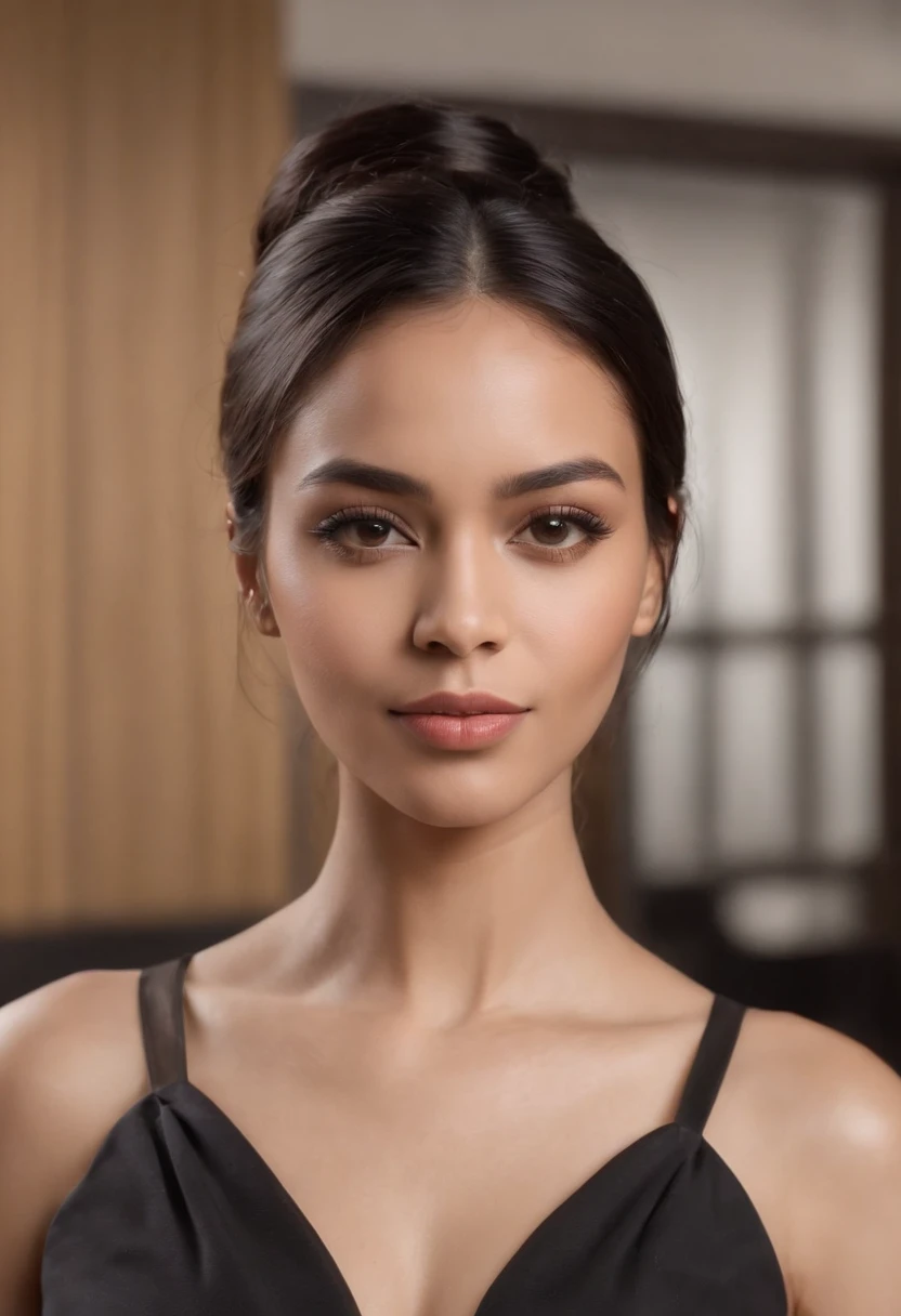 ((Best quality)), ((Hyper-Resolution)), ((Photorealistic:1.1)), (Complex details), African American woman, A half body, Very beautiful and elegant African American woman, 30 yo,55 kg, Sexy, Jet black hair, Black hair color, Perfect hair, Fine strands of hair, detail in face, in an office, wearing school girl glasses, wearing black turtle neck with necklace