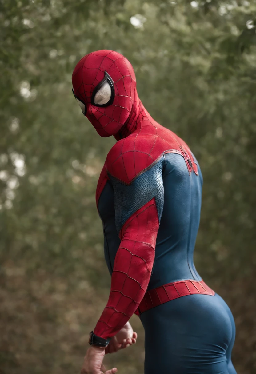 Homem aranha,realista,hiper realismo, Athletic muscle,com o trage vermelho e azul saturado com textura. E uma jaqueta por cima do traje. Sex