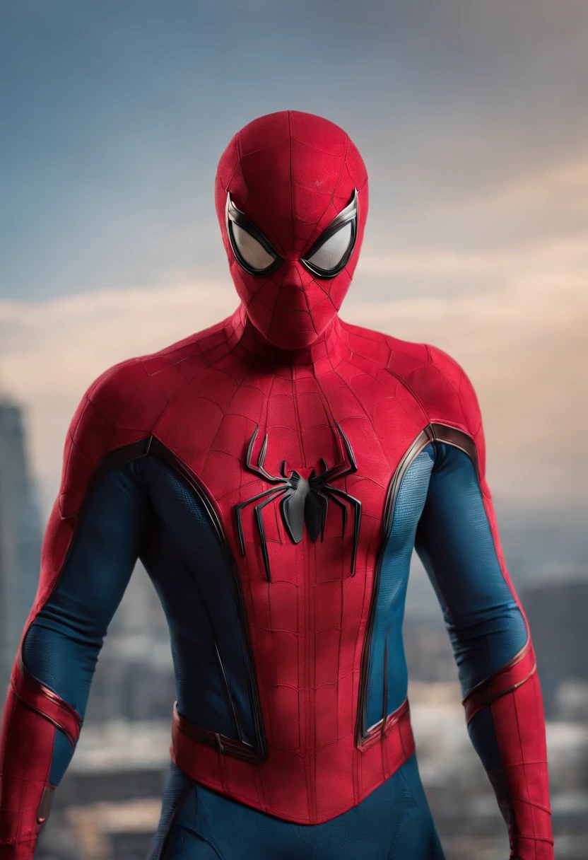 Homem aranha,realista,hiper realismo, Athletic muscle,com o trage vermelho e azul saturado com textura. E uma jaqueta por cima do traje. Sex