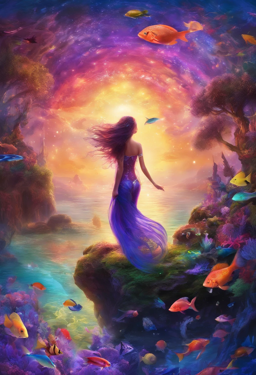 "(best quality, highres, 4k), ultra-detailed, realistic, vibrant colors, long hair, beautiful detailed eyes, mermaid, diaphanous purple tail, underwater scene, sunlight filtering through water, sparkling scales, coral reef, tropical fish, sea plants, ethereal atmosphere, fantasy, magical, mystical"