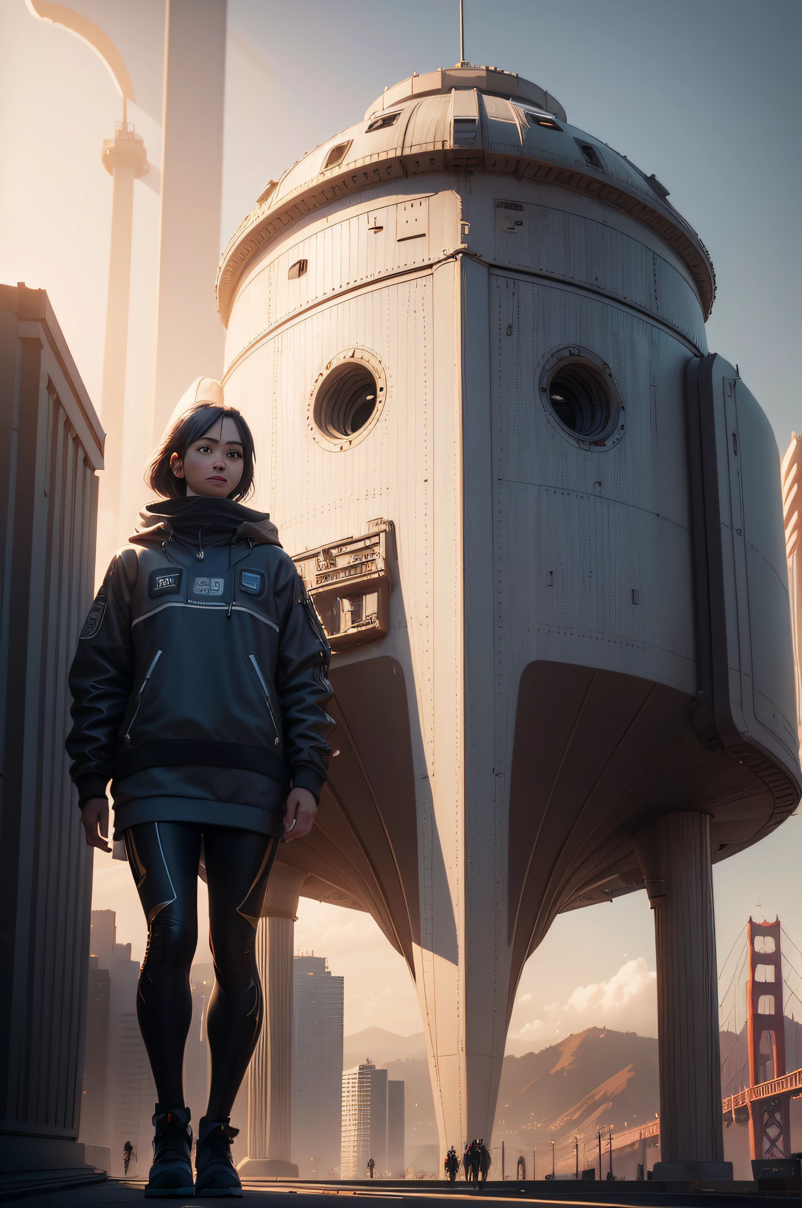 A space ship landing in San Francisco California Large UFO aliens coming out typical grays ready for contact of the first type, the golden gate bridge in the background 3 d render character art 8 k, octane trending on cgsociety, cyberpunk art ultrarealistic 8k, octane cgsociety, made in unreal engine 5, (best quality,ultra - detailed, Illustration,Best shadow,masterpiece,A high resolution,professional artwork,famous artwork