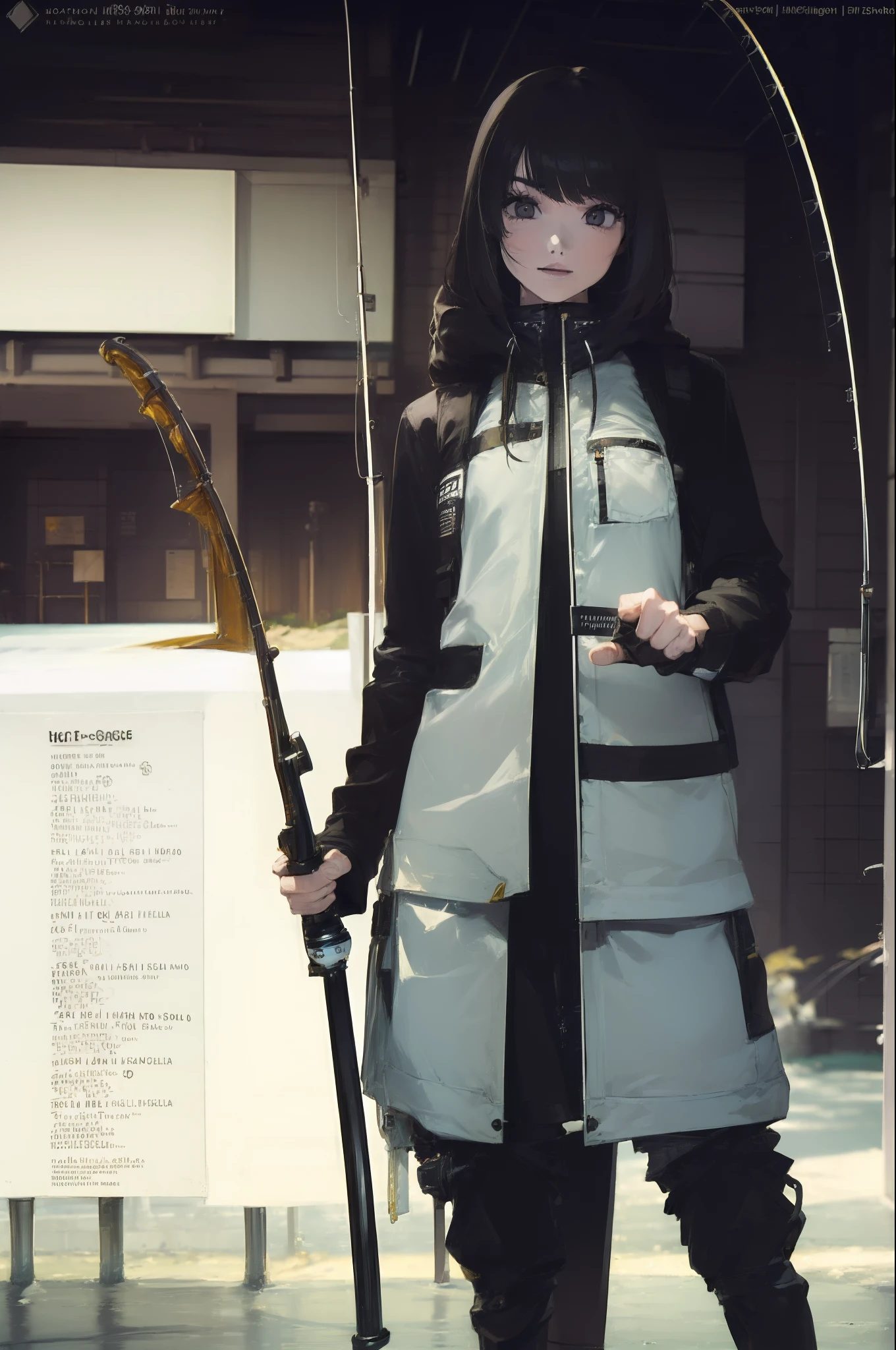 ((((Have a fishing rod with a reel:1.5)))),((Female 28 years old)),((Best Quality:1.5)),(((Fine fingers、Ratio 4 fingers and 1 thumb,detailed arms,detailed human hands))),(((Hands with the correct number and structure of fingers:1.4))),((Lakeside:1.37)),hight resolution,ultra-detailliert,masterpiece,best qualtiy,(Eight-headed body),(1 fishing rod,Holding a fishing rod in your hand,Fishing lure rod,Fishing Reel,with long sleeve hood,Outdoor Vest,parka,Long pants for fishing,Big backpack),thin and long legs,Beautiful hip line,Beautiful spine,constricted back,Toned waist,beutiful breast),,Gentle smile,shiny lip,(1 fishing rod,Straight stretch fishing rod,Long fishing rod,Woman fishing with fishing rod in hand),Black hair, long eyeslashes, Solid Circle Eyes, drop shadow, Atmospheric perspective,Super Detail, ccurate, small brest,top-quality, blurry backround, bokeh dof:1.2, (masterpiece:1.3), Atmospheric perspective,Super Detail,dynamic compositions, Ultra High Quality,