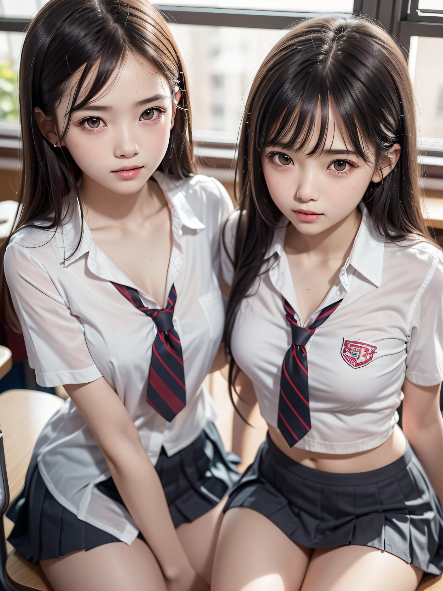 (2ung girls), (highly detailed Beautiful face), Amazing face and eyes, (Best Quality:1.4), (Ultra-detailed), (extremely detailed CG unified 8k wallpaper), Highly detailed, High-definition raw color photos, Professional Photography, Realistic portrait, Amazing face and eyes, Pink eyes, (hi-school uniform, pleated mini skirt:1.3), braid hair, brown hair, model, (white underwear:1.3), (((Bokeh))), depth of fields, School, classroom, sitting, view from below,