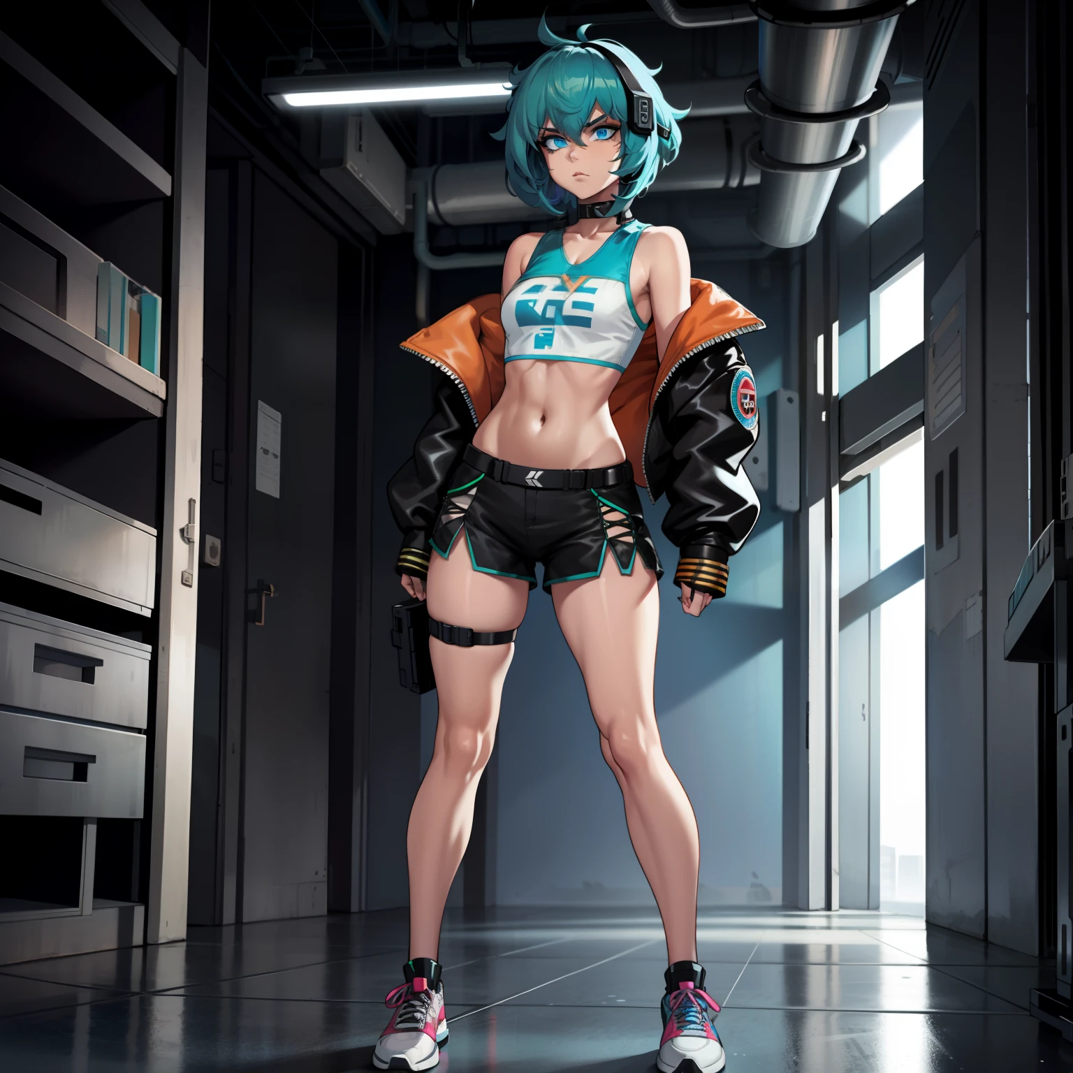 cyberpunk femboy In cargos, or booty shorts, sneakers, and a oversized varsity jacket! Blur shaggy hair, blue eyes, (SUPER FLAT CHEST)(FLAT CHEST), solo, alone