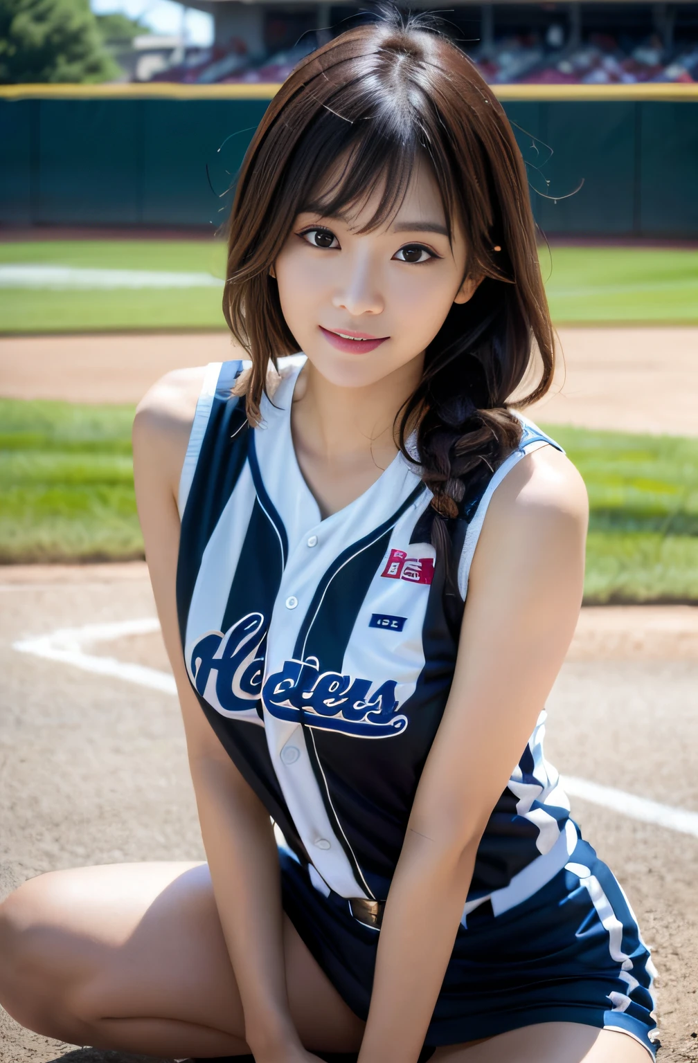 (8K, Raw photo, top-quality, masterpiece: 1.2), masterpiece, super detailing, Ultra-high decomposition energy A, (Realistic and realistic photos: 1.37), high-definition RAW color photography, Very delicate and beautiful., Igley Details, 8K Wallpaper, astonishing, detaileds, extremely detailed eye, highlydetailed skin, extremely detailed fingers, highly detailed nose, highly detail mouth, perfect anatomia,1girll, (Baseball Uniforms), hazy, blured background, Blurred foreground, blush, braid, pectoral muscles, depth of fields, eyebrows visible through hair, Frild, hair between eye, Baseball Stadium, jewely, look up at viewer, Short hair, Sitting, Solo, Colossal tits、乃木坂アイドル、韓国アイドル、hposing Gravure Idol、porn star、18year old、tall、韓国アイドル、乃木坂アイドル、porn star、hposing Gravure Idol、((full bodyesbian)), ((Gravure Pose))