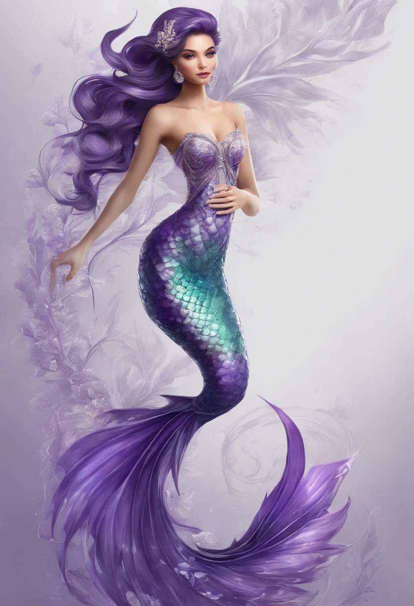 A full-length mermaid with a transparent purple tail