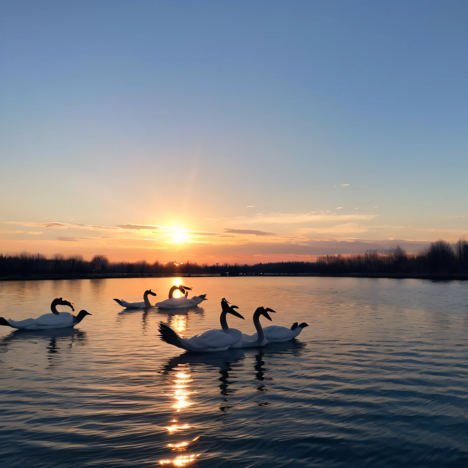 (masterpiece、high-level image quality、hightquality)、Magnificent sunset of nature、Swans fly gracefully in rows、Tuonela's swan、Black Shadow、Finlandia、Sad Waltz、Tapiola、