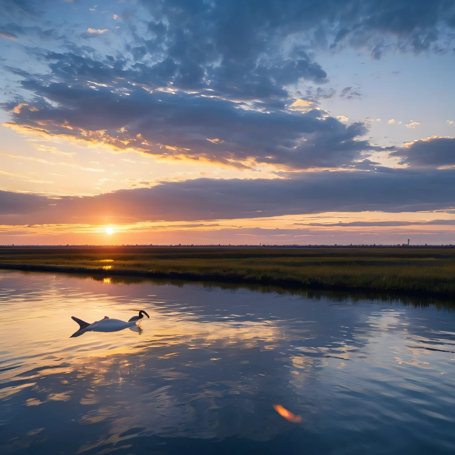 (masterpiece、high-level image quality、hightquality)、Magnificent sunset of nature、Swans fly gracefully in rows、Tuonela's swan、Black Shadow、Finlandia、Sad Waltz、Tapiola、