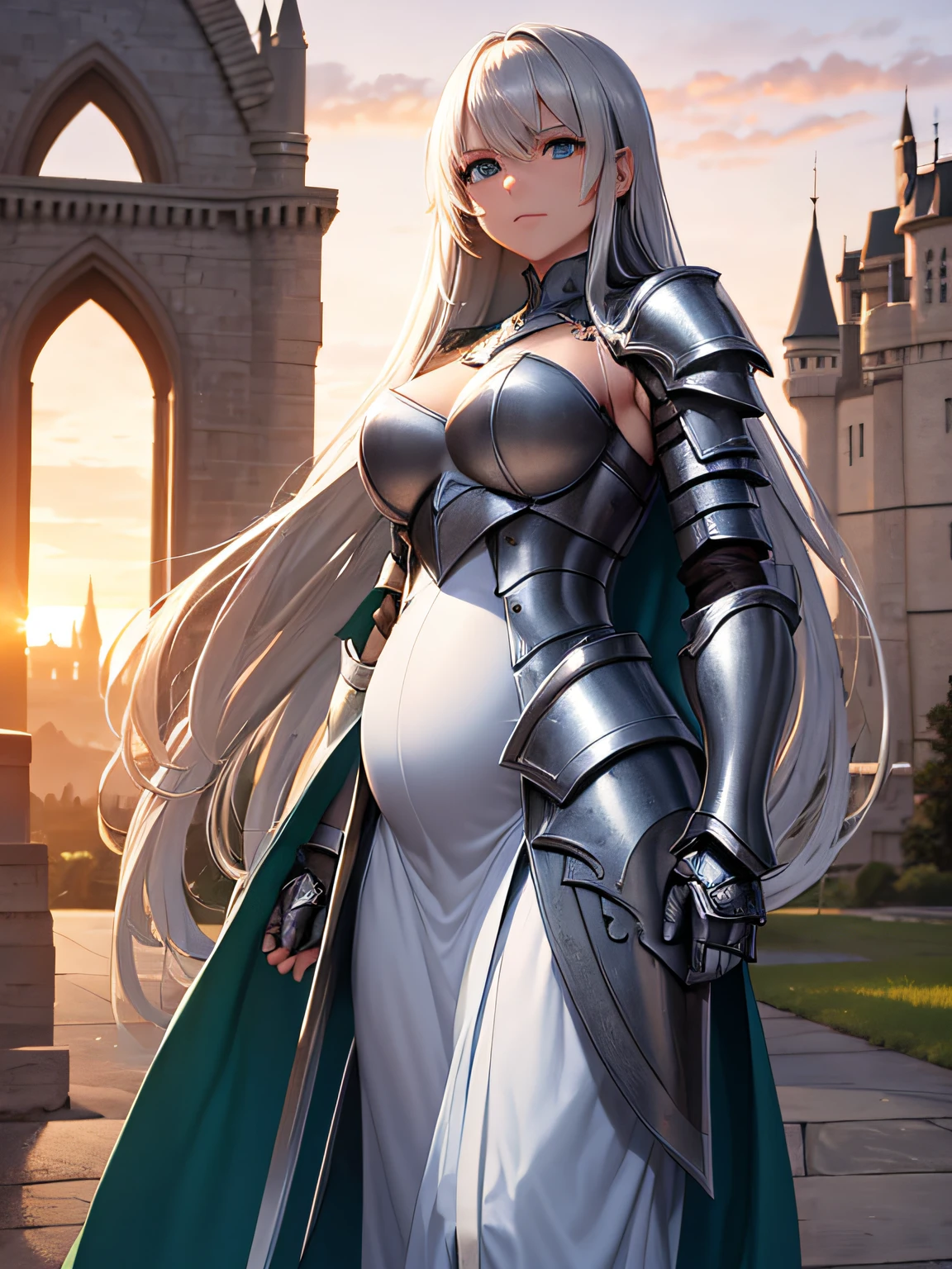 Woman knight、a beauty girl、huge tit、Excellent style、Nice Buddy、glamorous、leotard、s Armor、Bra chest armor、knee boots、gauntlets、hair adornments、silber hair、Longhaire、Ahoge、a medieval castle、is standing、full body seen、Outside the castle、Night view、a smile、slightly open mouth、Perched、legs crossed
