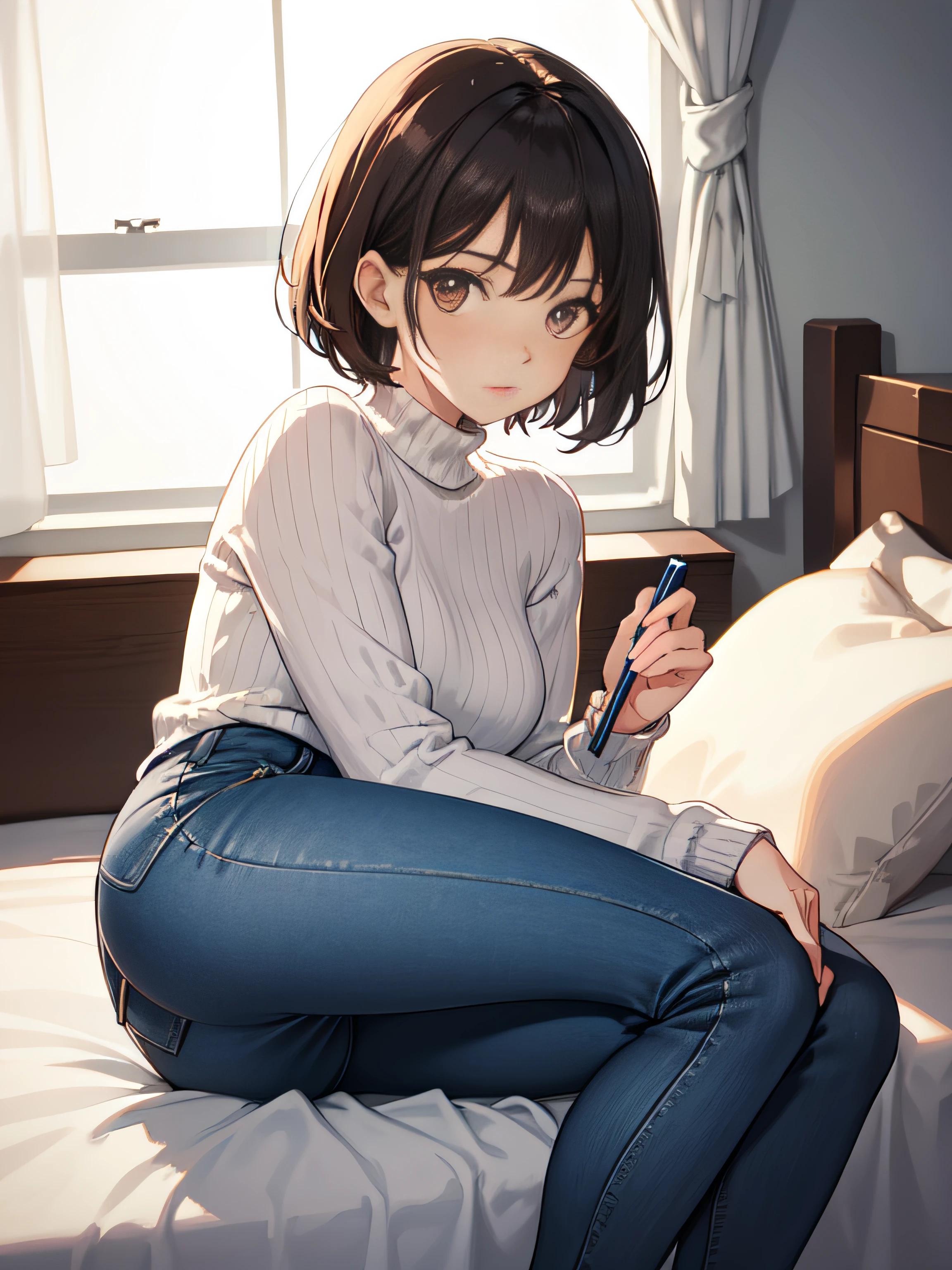 1girll,23years old,Pure,the shy,Flushed complexion,Apricot eyes,brunette color hair,Dark eyes,Short hair, Short hair,The feeling of a good wife and a good mother,Small nose bridge,Light white turtleneck sweater,skintight jeans,plumw,Cosmopolitan beauty,slightly rounded face,Fashionab,Modern attire,inside in room,University dormitories,get down on the bed,Close-up Shot Shot,Lie on the pillow,looking to the camera,Preoccupied