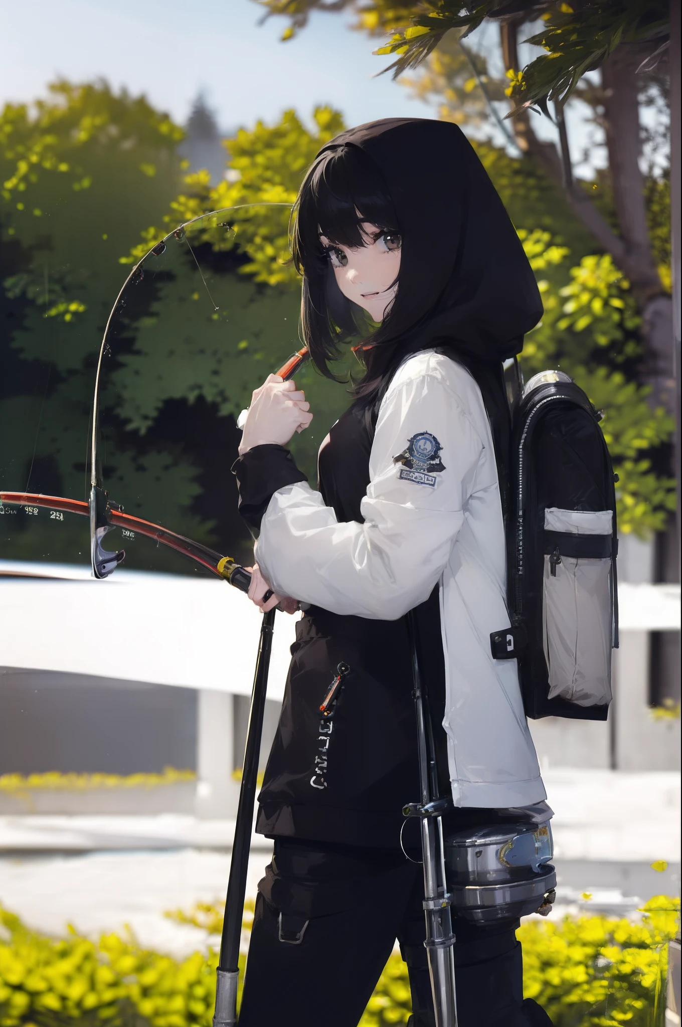 ((((Have a fishing rod with a reel:1.5)))),((Female 28 years old)),((Best Quality:1.5)),(((Fine fingers、Ratio 4 fingers and 1 thumb,detailed arms,detailed human hands))),(((Hands with the correct number and structure of fingers:1.4))),((Lakeside:1.37)),hight resolution,ultra-detailliert,masterpiece,best qualtiy,(Eight-headed body),(1 fishing rod,Holding a fishing rod in your hand,Fishing lure rod,Fishing Reel,with long sleeve hood,Outdoor Vest,parka,Long pants for fishing,Big backpack),thin and long legs,Beautiful hip line,Beautiful spine,constricted back,Toned waist,beutiful breast),,Gentle smile,shiny lip,(1 fishing rod,Straight stretch fishing rod,Long fishing rod,Woman fishing with fishing rod in hand),Black hair, long eyeslashes, Solid Circle Eyes, drop shadow, Atmospheric perspective,Super Detail, ccurate, small brest,top-quality, blurry backround, bokeh dof:1.2, (masterpiece:1.3), Atmospheric perspective,Super Detail,dynamic compositions, Ultra High Quality,