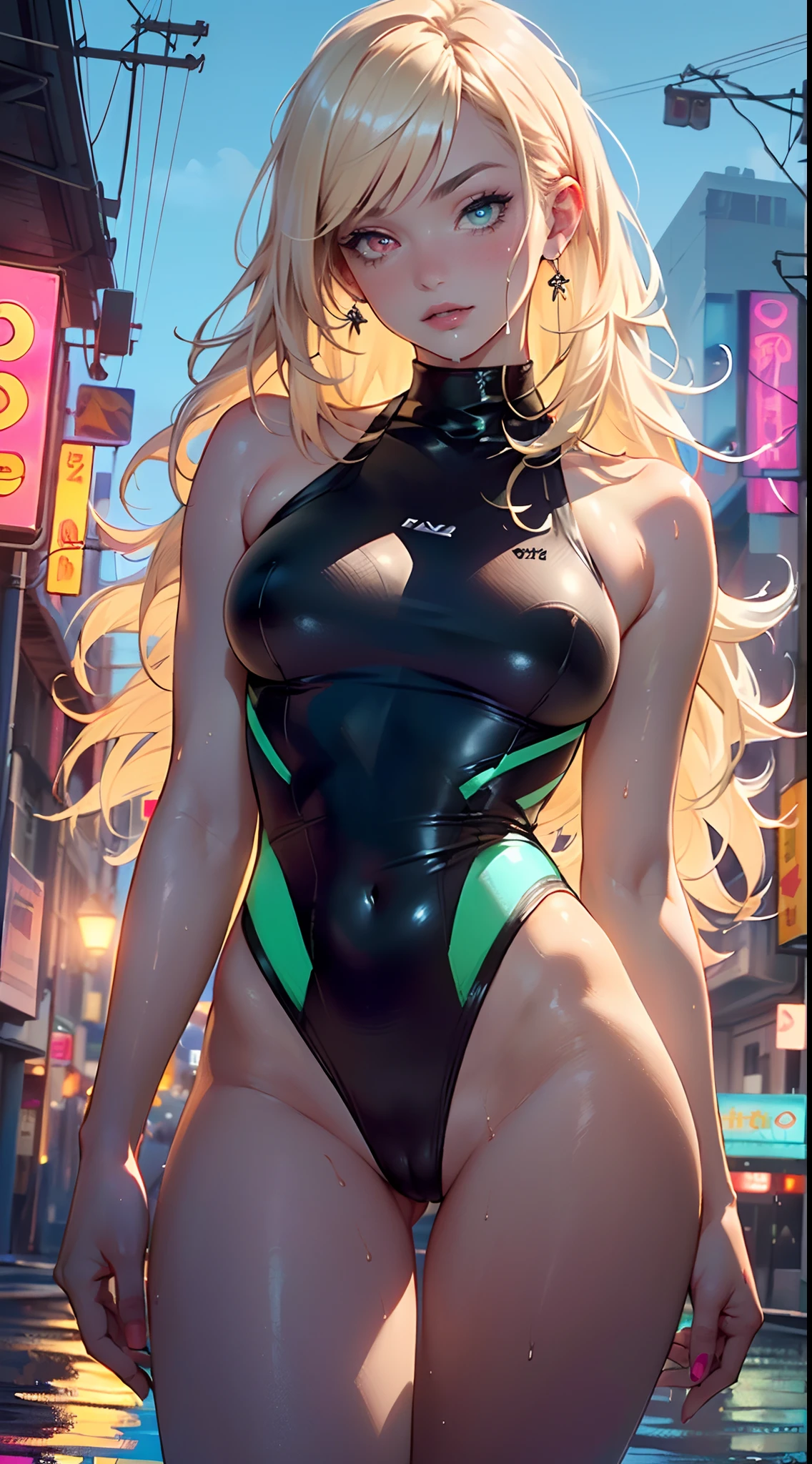 girl swimmer,((girl with extremely cute and beautiful blonde hair)),
(large breasts:1.4),saggy breasts,(((very light blonde hair:1.35,straight hair,long hair:1.4,colored inner hair,ear breathing))),(((heterochromia:1.5,eye1 blue,eye2 green))),intricate eyes,beautiful detailed eyes,symmetrical eyes,((fat)),(((lustrous skin:1.5,bright skin: 1.5,skin tanned,shiny skin,very shiny skin,shiny body,plastic glitter skin,exaggerated shiny skin,illuminated skin, wet legs))),(spider lower abdomen,narrow waist,wide hip,athletic body,inflated legs,delicate detailed fingers,detailed body,human hands,(detailed face)),
cute,slutty,seductive,erotic,(((nsfw))),
((one-piece_swimsuit magenta,wearing a one-piece_swimsuit outfit:1.3,magenta armor swimsuit:1.3)),((wet clothes,intricate outfit,intricate clothes)),
(dynamic pose:1.0),embarrassed,(centered,scale to fit dimensions,Rule of thirds),
cyberpunk city by the ocean at night, with bright neon signs and dark stormy clouds and puddles, scenery:1.25,
artistic photography,(photography taken by sldr),highres, sharp focus, (ultra detailed, extremely detailed), (photorealistic artwork:1.37),(extremely detailed CG unity 8k wallpaper),((synthwave background theme)),(((vibrant colors))),(intricate background),(masterpiece),(best quality),