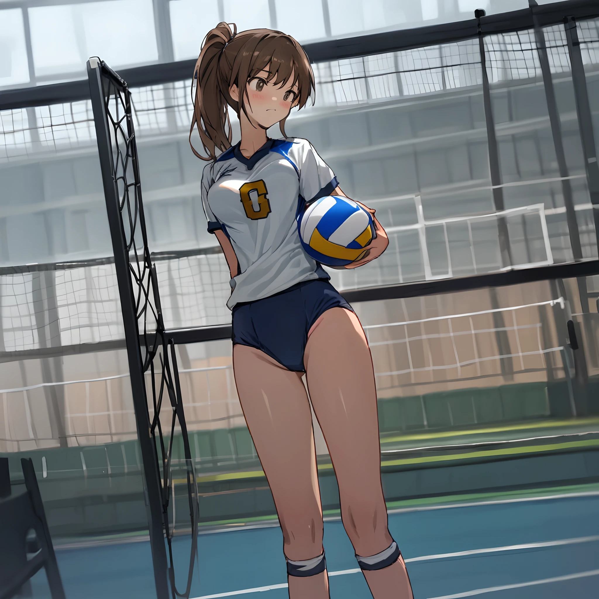 Volleyball Club Facing the front alone in the gymnasium Perfect style lower back long legged discreet breasts Shy face