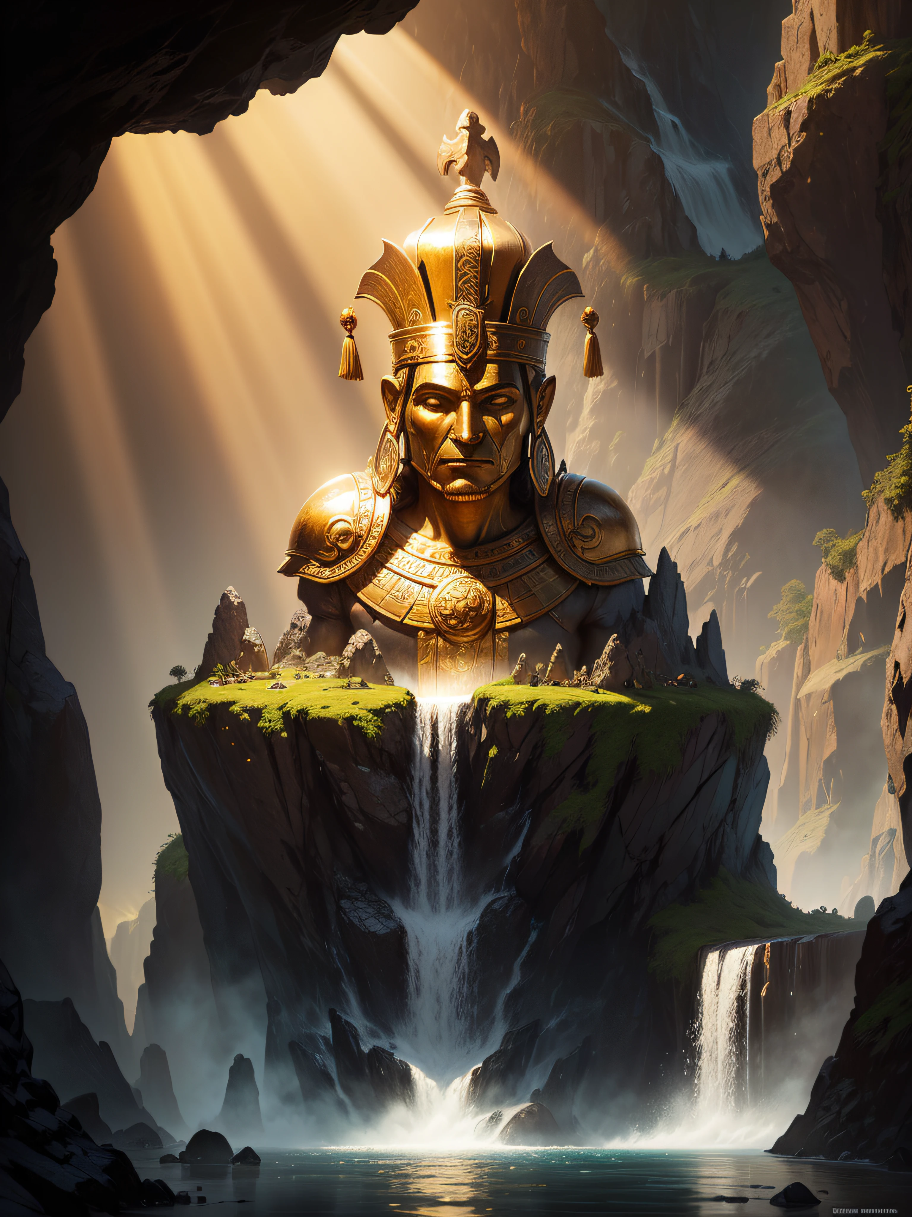 Inca god statute gold in dark colors with warrior attire inside a cave with a water fall and lots of treasure in the background sun light coming from a hole on top of the cave, shining on the statute giving it a beautiful glow, surreal concept art, surrealistic digital artwork