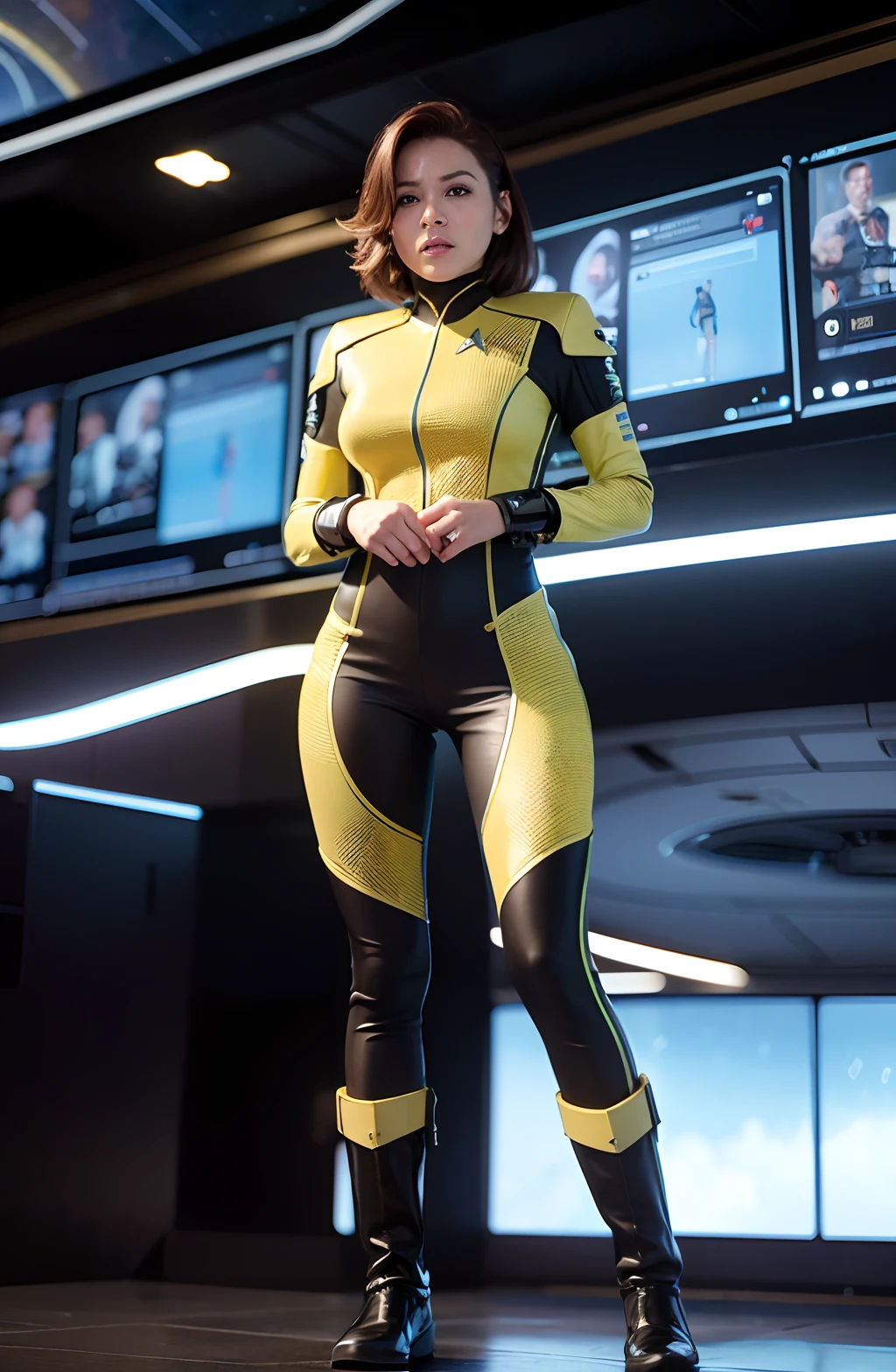 Uma rainha militar 3D, Art de qualidade, tecnologia futurista estilo Star Trek Discovery, solada com equipamentos militares detalhados com feixes de luzes azuis e roxas, artificial intelligence chip, born leader.