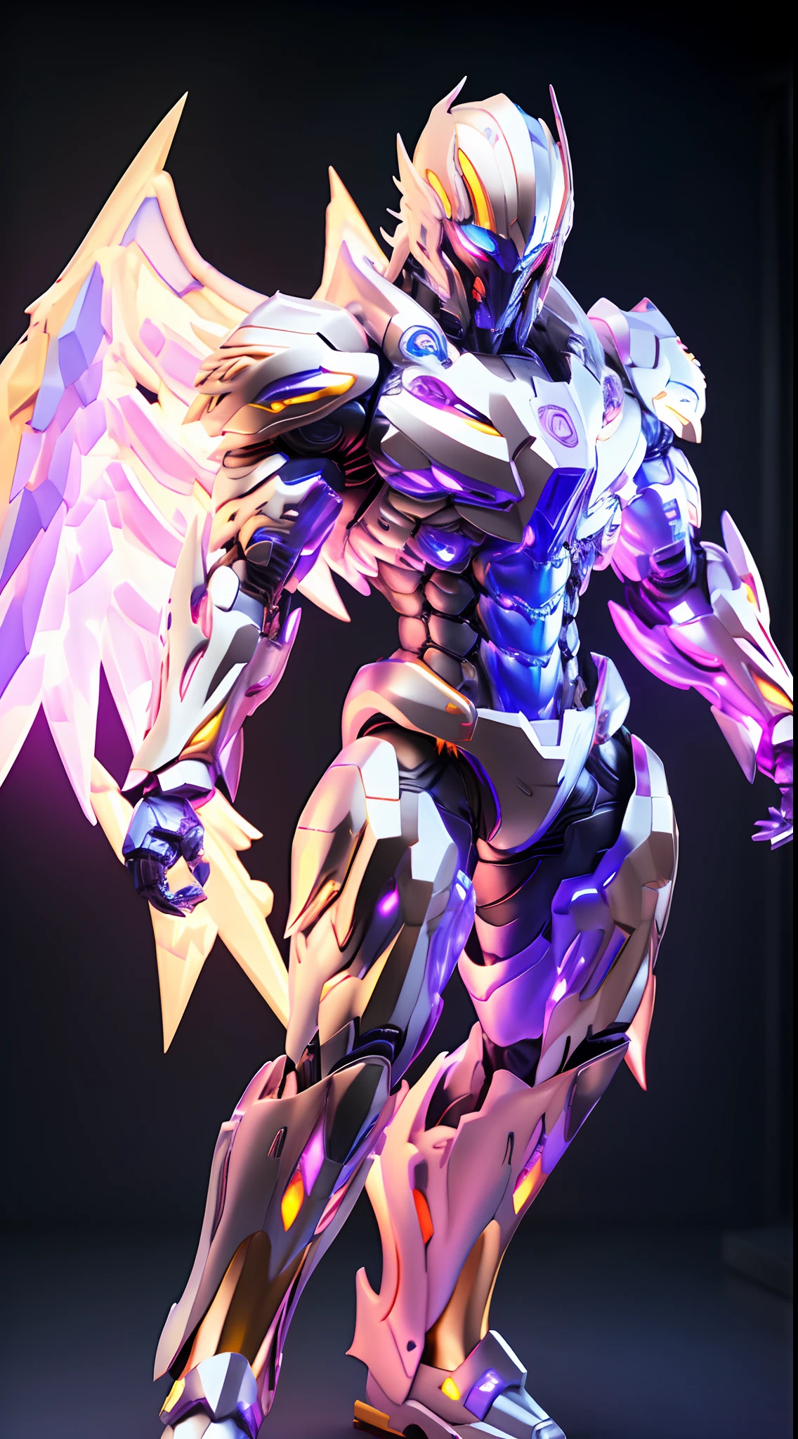 HOLY ANGEL, RAINBOW COLORED, HETEROCHROMIA EYE, CRYSTAL HEAVY ARMOR, TRANSPARANT, MUSCLE BODY.