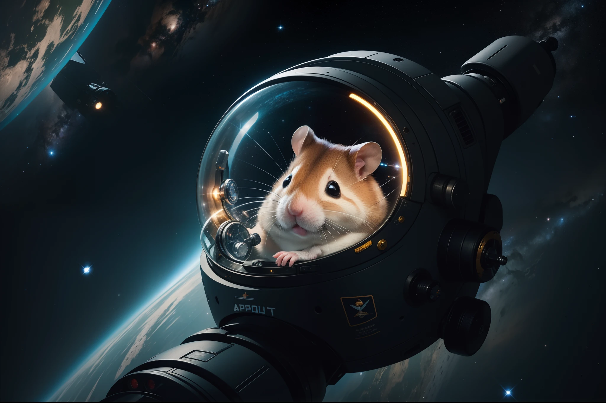 Close up to the face of a hamster as an astronaan, with full astronaut equipment, floating in the dark space, joint with an ondule cable to a space station with the form of a giant wheel. Black starry space as background, Highly detailed.